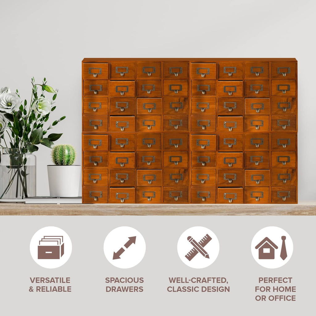 Huge Modular Stackable Against Wall 64-Drawer Apothecary Curio Cabinet Vintage Wood - Card Catalog Library Desk Storage Box Drawer w/ Label Holders Handles - Multi Level Countertop and Craft Organizer