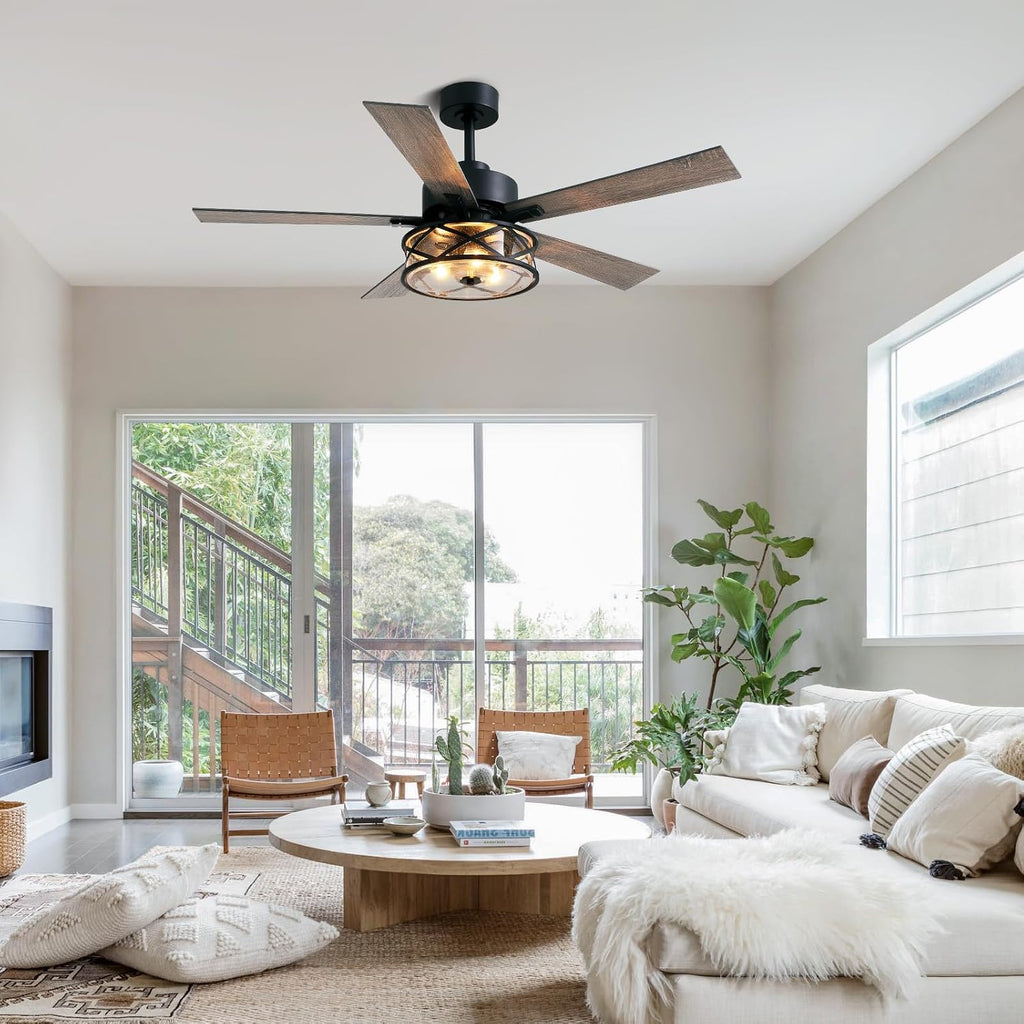 Farmhouse Ceiling Fans with Lights and Remote Control, 52 Inch Rustic Fandelier Ceiling Fan with Bubble Glass Shade 6-Speed Caged Ceiling Fan for Living Dining Room Bedroom,Walnut/Brown
