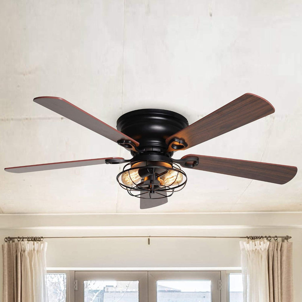 48' Farmhouse Low Profile Ceiling Fan with Light & Remote, Outdoor Flush Mount Ceiling Fans for Bedroom Living Room, 5-Blades 3-Speed Quiet Reversible Motor, Timer Function