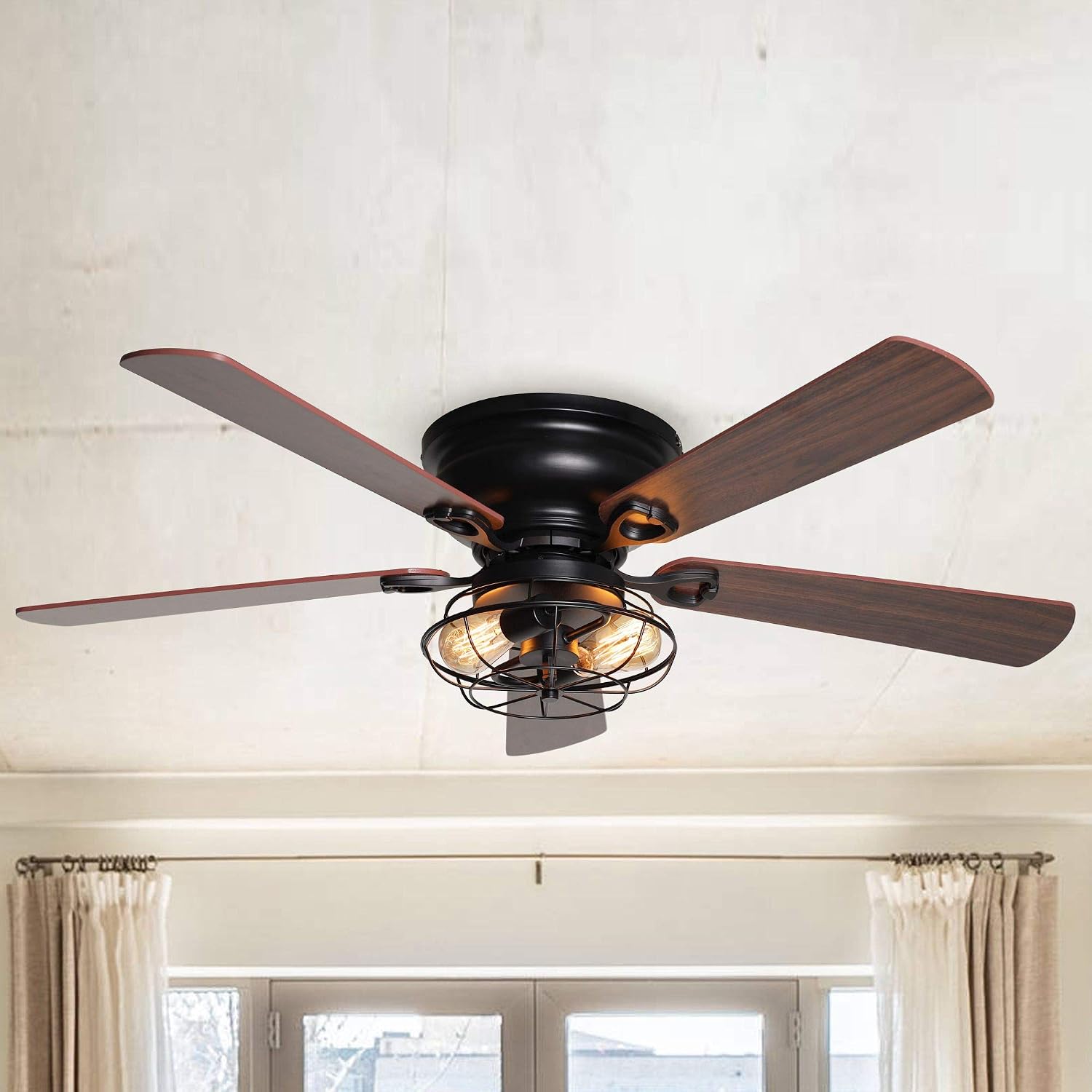 48' Farmhouse Low Profile Ceiling Fan with Light & Remote, Outdoor Flush Mount Ceiling Fans for Bedroom Living Room, 5-Blades 3-Speed Quiet Reversible Motor, Timer Function
