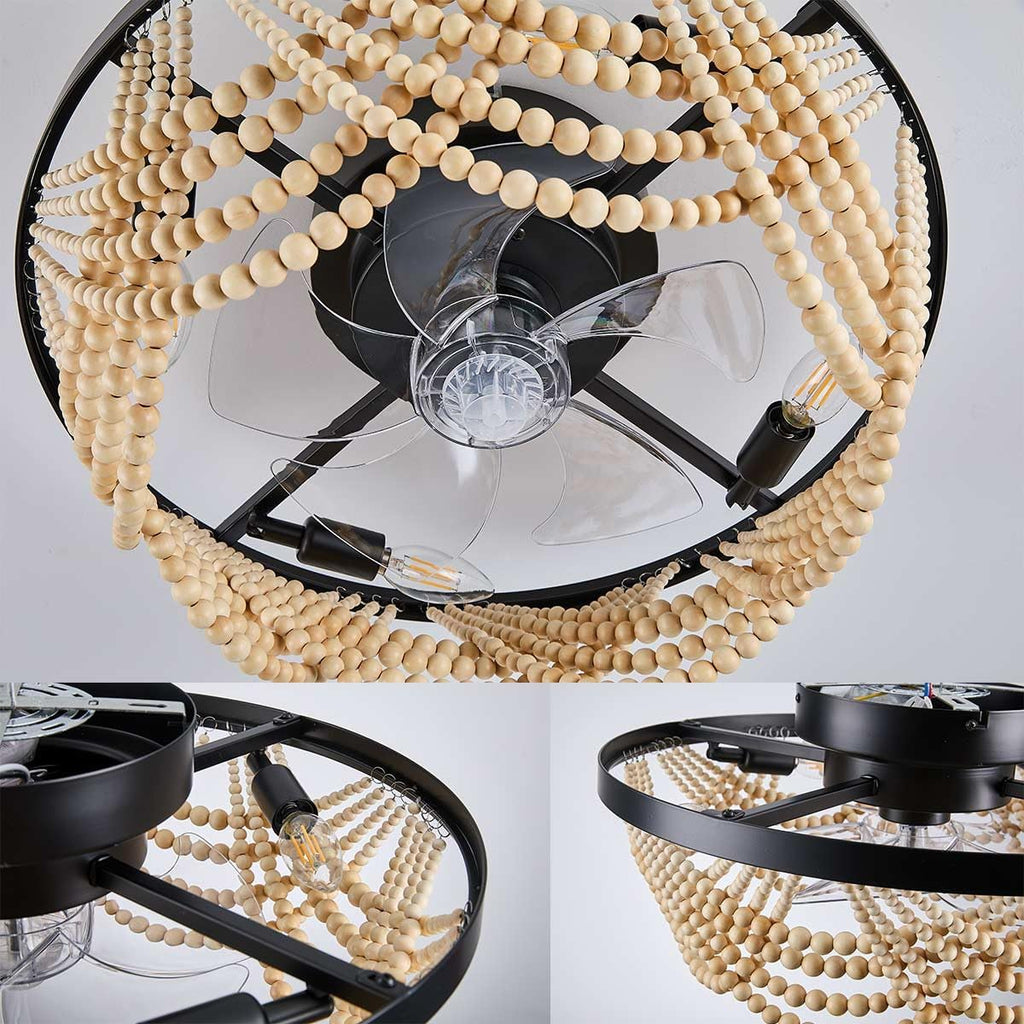 Boho Ceiling Fan with Lights Flush Mount,20 Inch Bohemia Black Wood Bead Close to Ceiling Fan Light, 4 Lights Low Profile Enclosed Ceiling Fans with Remote Control for Bedroom Living Room Kitchen
