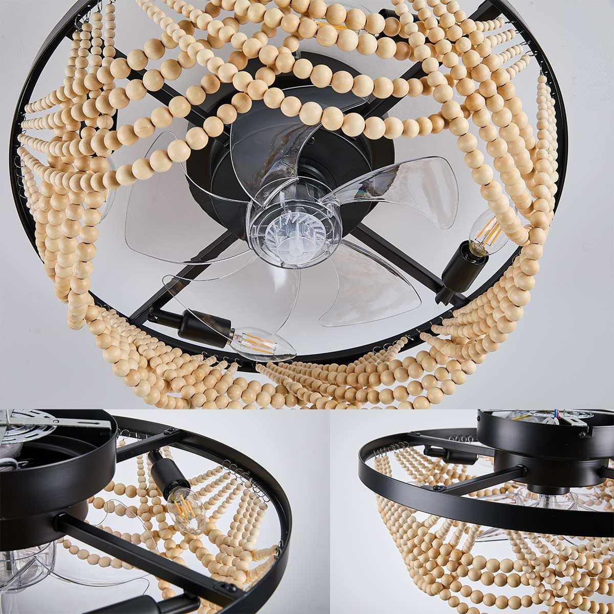 Boho Ceiling Fan with Lights Flush Mount,20 Inch Bohemia Black Wood Bead Close to Ceiling Fan Light, 4 Lights Low Profile Enclosed Ceiling Fans with Remote Control for Bedroom Living Room Kitchen