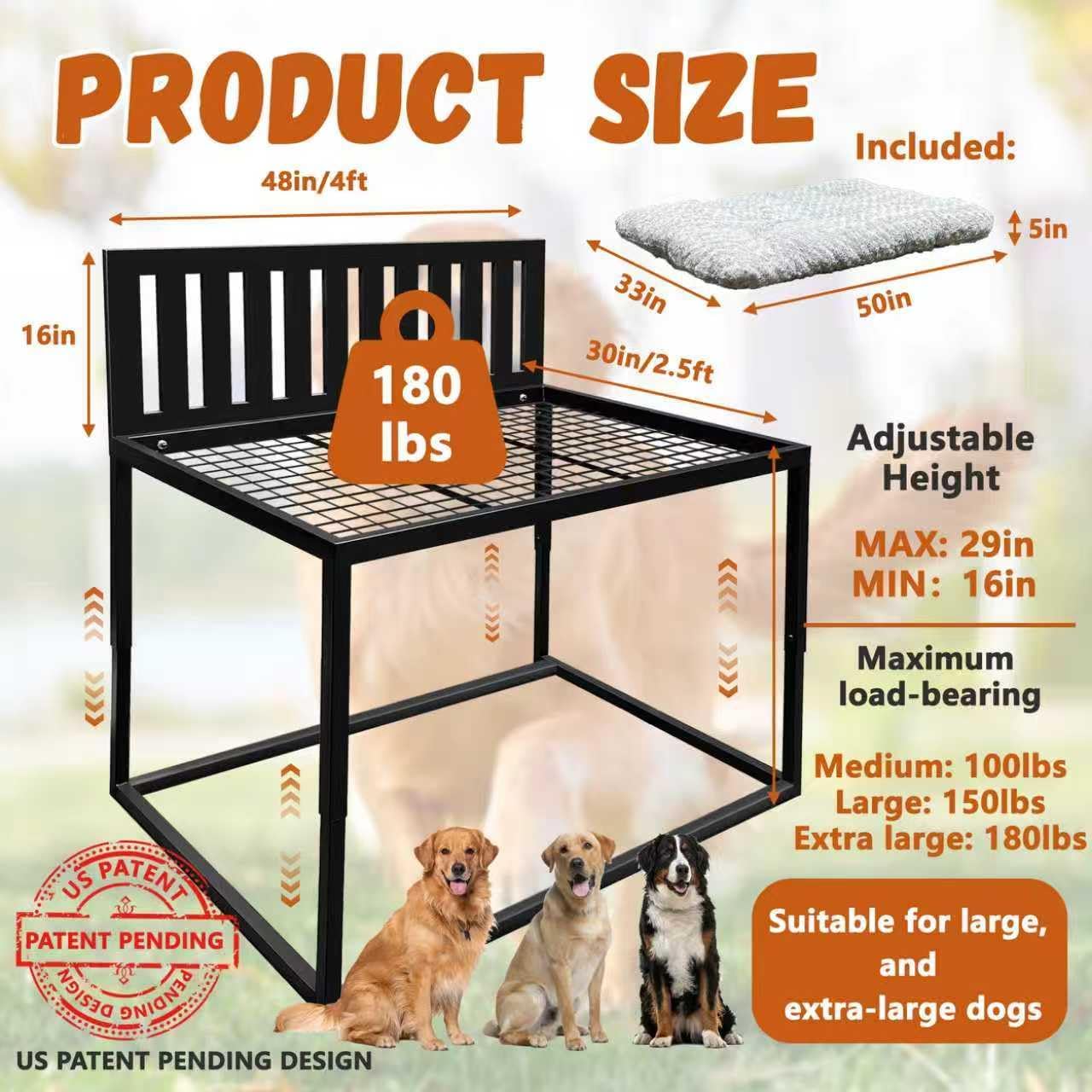 Beside Dog Bed,Adjustable Height Dog Bunk Beds,48''x 30'' Metal Dogs Bed Frame with Cushion,X-Large