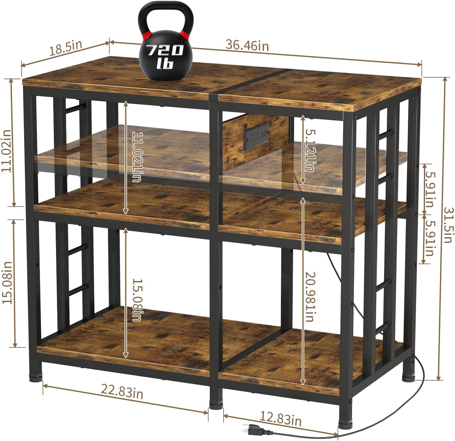 Reinforced 40-50 Gallon Aquarium Stand with Power Outlet, Ultra-Stable 720LBS Capacity Metal Fish, Tank Stand for Reptile/Aquatic Setups, 5-Tier Adjustable 37'x19' Steel Shelving System