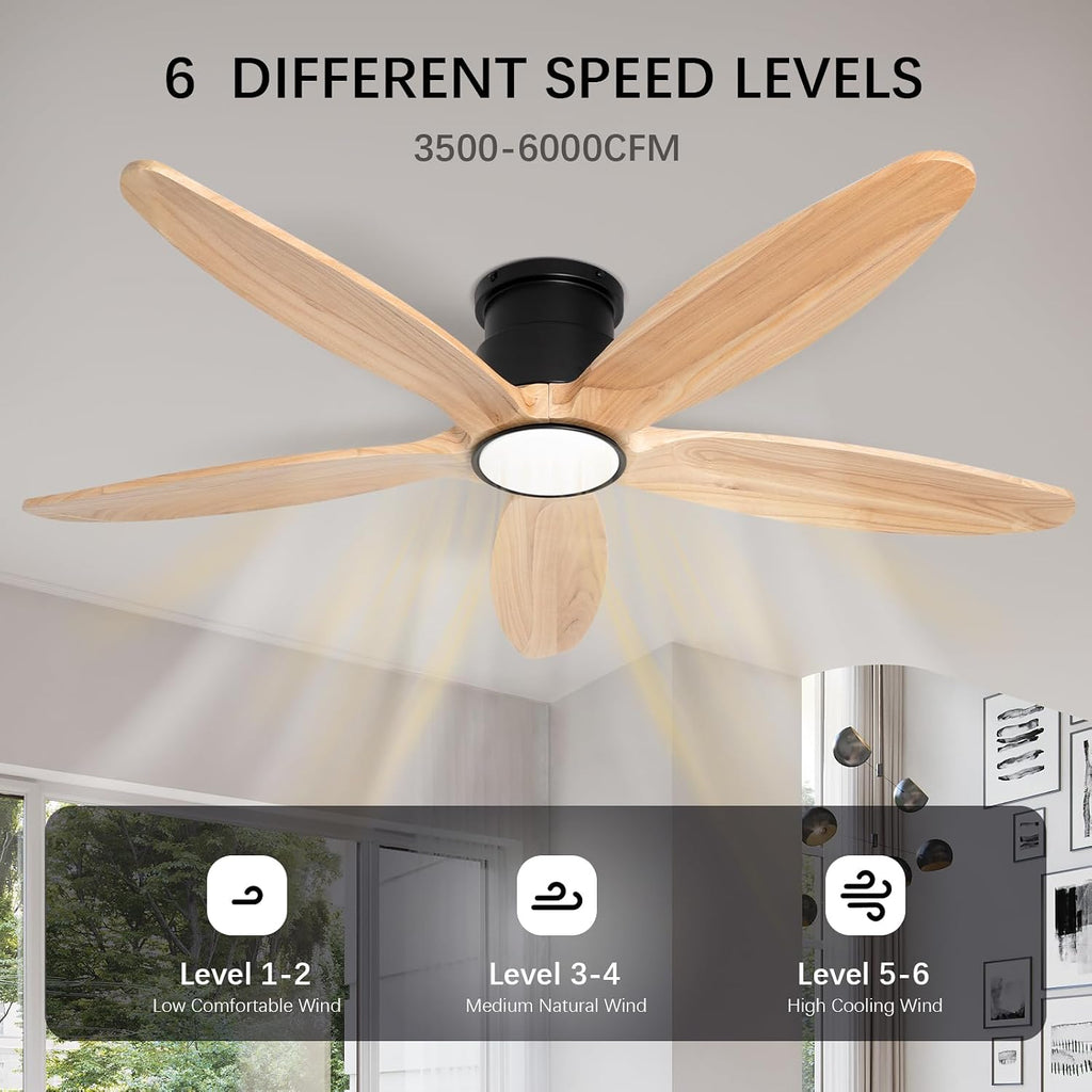 Wood Ceiling Fan with Lights, 52Inch Flush Mount Ceiling Fan with Remote Control, 5 Blades, DC Motor,3CCT,Natural Wooden Ceiling Fans for Bedroom, Living Room, Home Office,Indoor