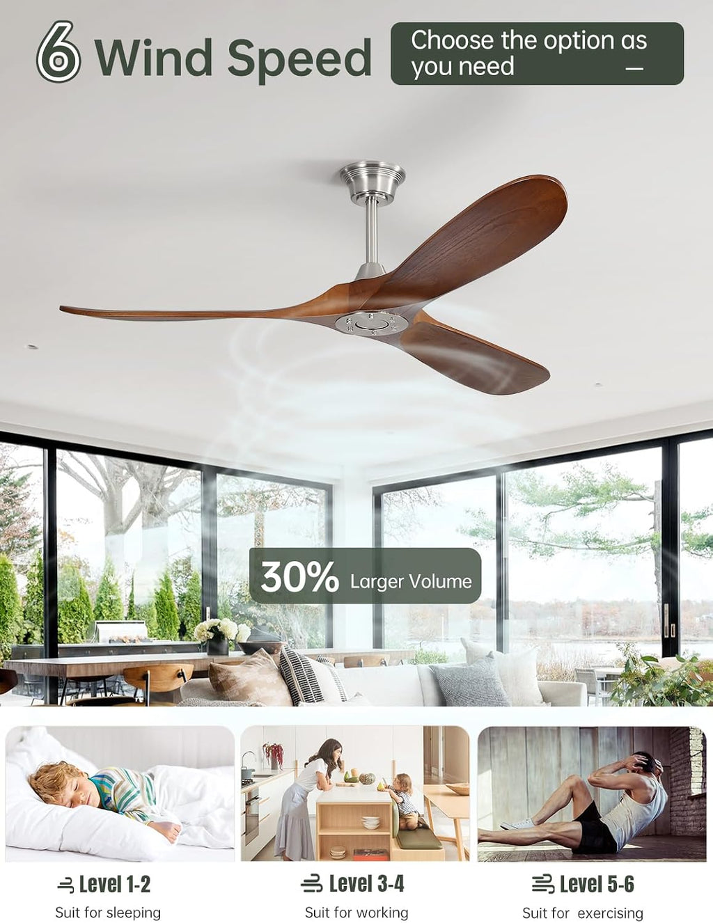 Sofucor 60 Inch Ceiling Fans No Light-Outdoor Ceiling Fan with Remote Control, Reversible DC Motor, Modern Wood Ceiling Fan Without Light for Bedroom Indoor Patios Farmhouse, Sandy Nickel&Walnut