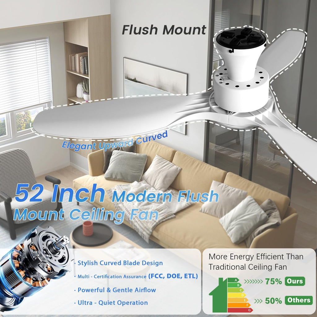 52' White Ceiling Fan with Light and Remote, Flush Mount Low Profile Ceiling Fans, Ceiling Fan with Dimmable LED Lights, 6 Speed, Silent Reversible DC Motor,White Fan for Bedroom/Living Room/Patios
