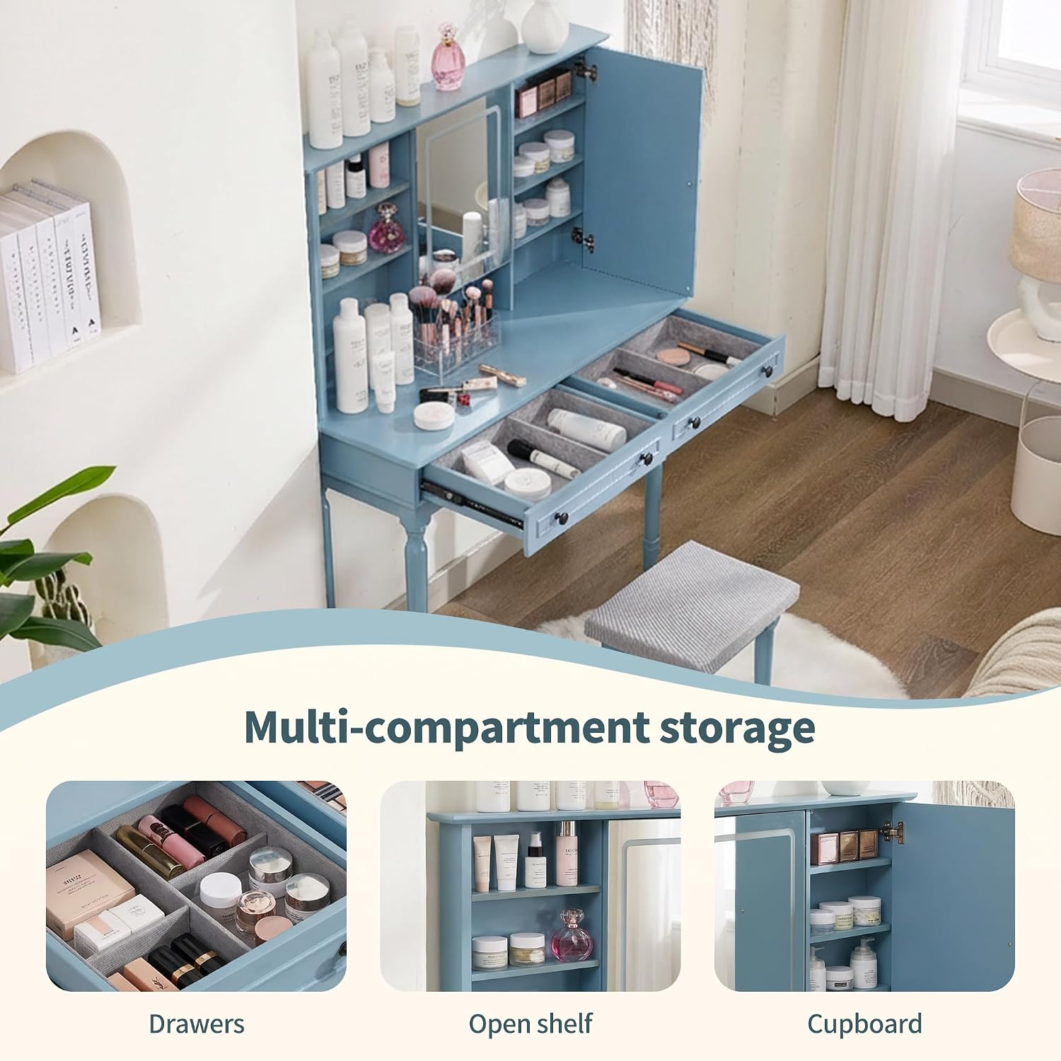 Scurrty Vintage Vanity Table Set with Stool, Color-Changing LED Mirror & Storage Organizer, Classic Wooden Dressing Makeup Desk for Bedroom (Blue)