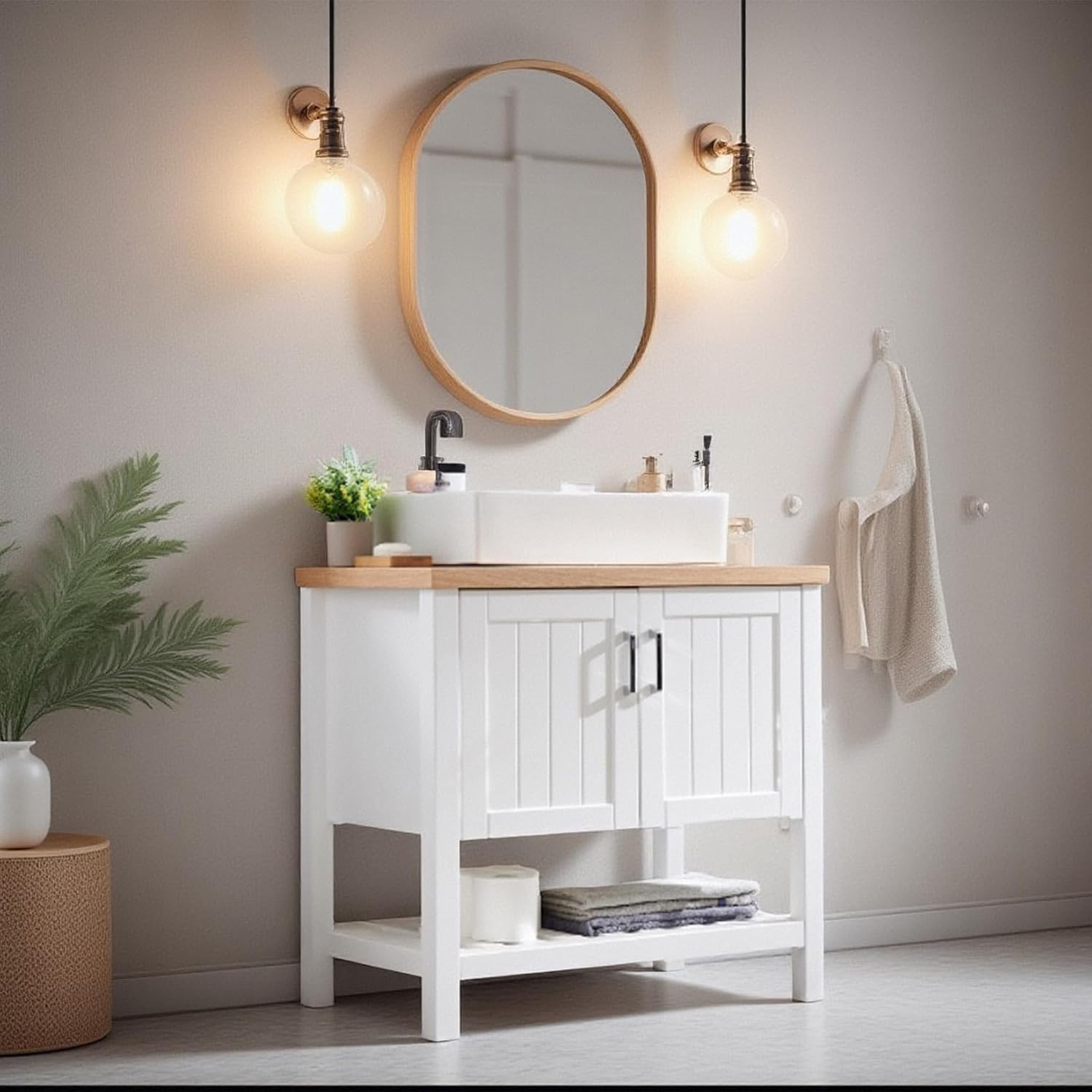 32' Farmhouse Single Bathroom Vanities, Wooden Bathroom Vanity with Sink Combo, Wood Slat Door Freestanding Single Bath Storage Cabinet with 2 Doors & Open Shelf, Cabinet