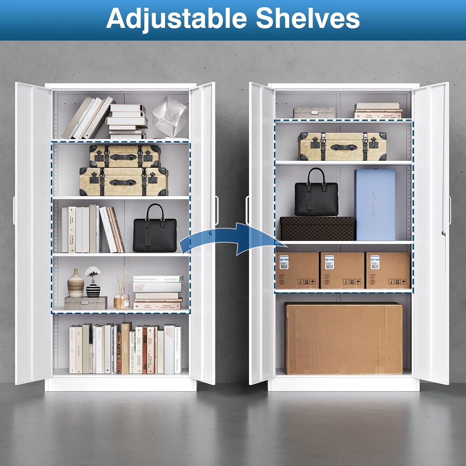 PEUKC Metal Garage Storage Cabinet, 71-inch Tool Storage Cabinet with Adjustable Shelves & Locking Doors for Garage,Office,Home,School,Gym Storage (White)