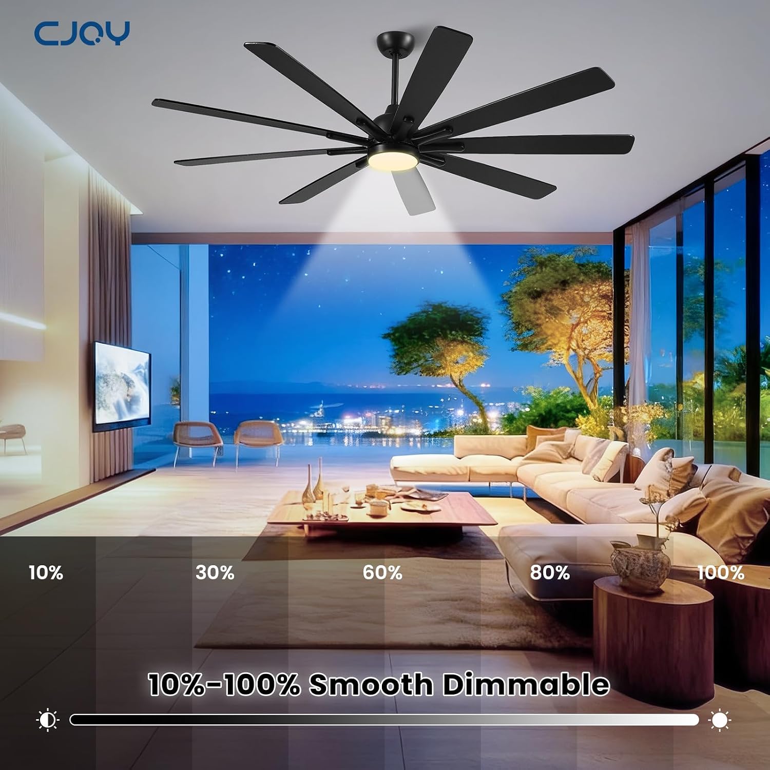 72 Inch Ceiling Fan with Light，Indoor/Outdoor Large Ceiling Fans with Lights for Kitchen Living Room Patio,8 Blade Black Reversible Quiet DC Motor,6 Speeds, Dimmable，3 CCT(Dual Finish)