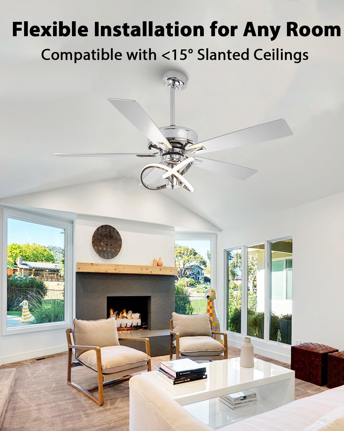 52 Inch Ceiling Fans with Lights, Creative Modern Silver Ceiling Fan and Remote, 3CCT, 6 Speeds, Quiet, Dual-Sided Reversible 5 Blades Indoor Outdoor Chandelier Fan for Bedroom Living Room