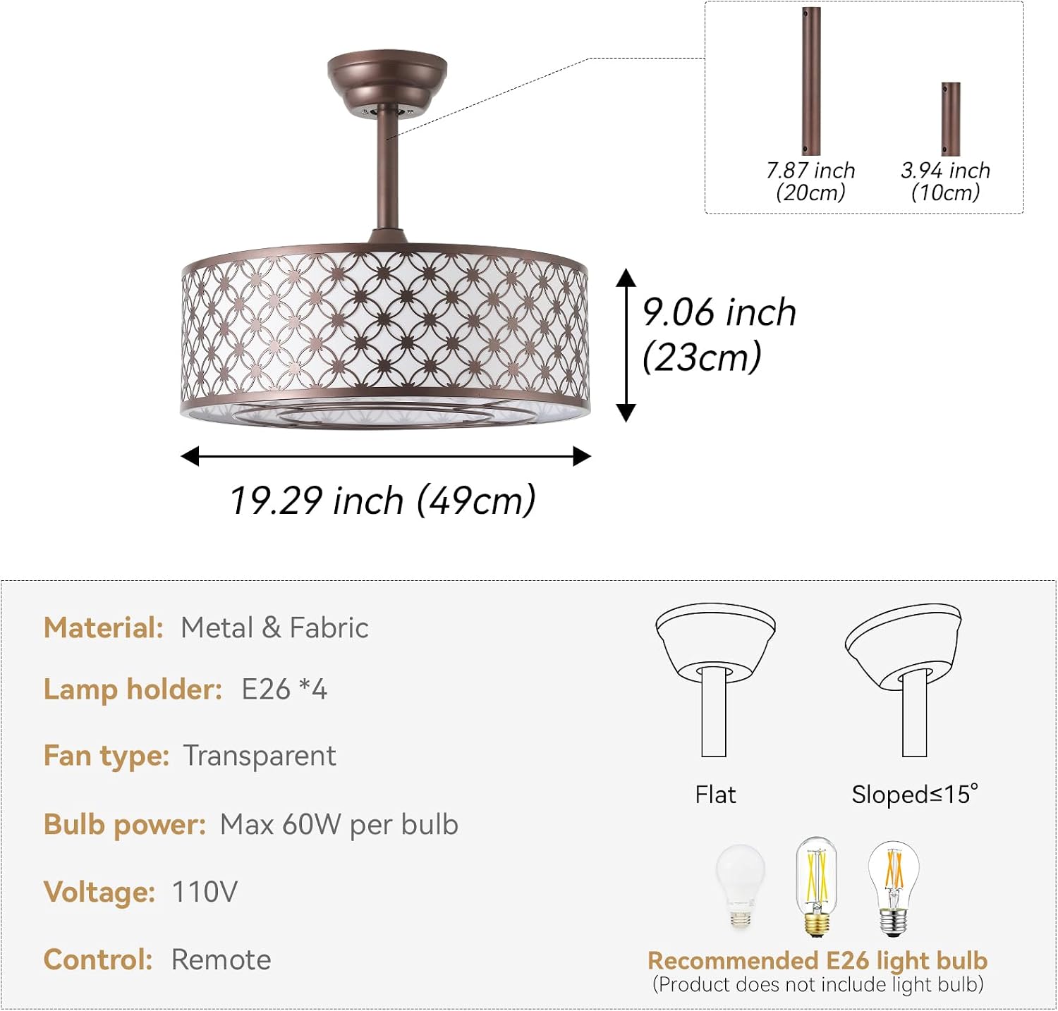 Brown Fandelier Ceiling Fan with Light, 20' Caged Brown Chandelier Ceiling Fans with Lights Remote Control, Fabric Mid-Century Modern with 6 Speeds for Bedroom, Nursery, Living Room.