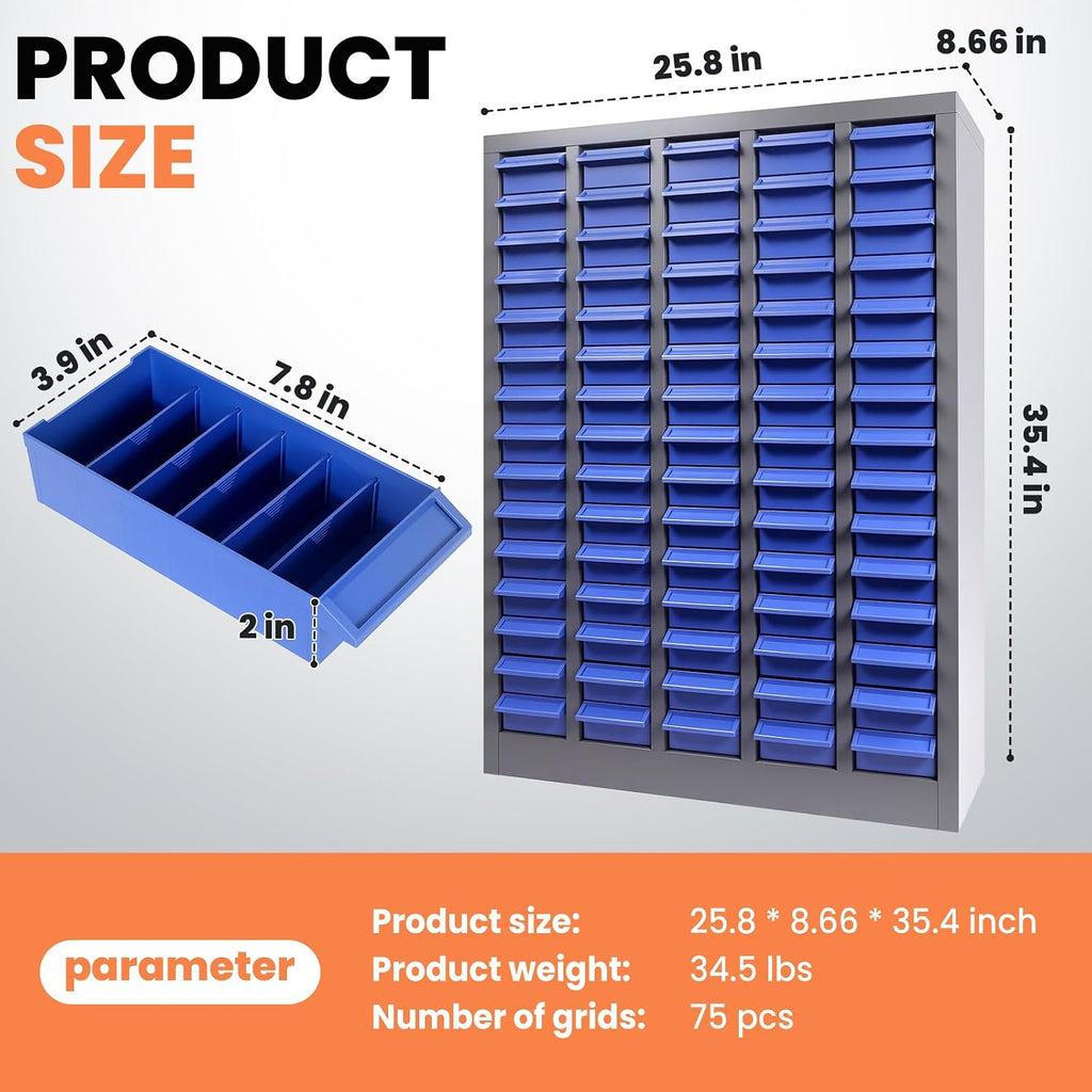 75 Drawers Parts Cabinet, Heavy-Duty Bolt and Nut Tool Storage Cabinet with Adjustable Shelves and Labels for Workshop Organization