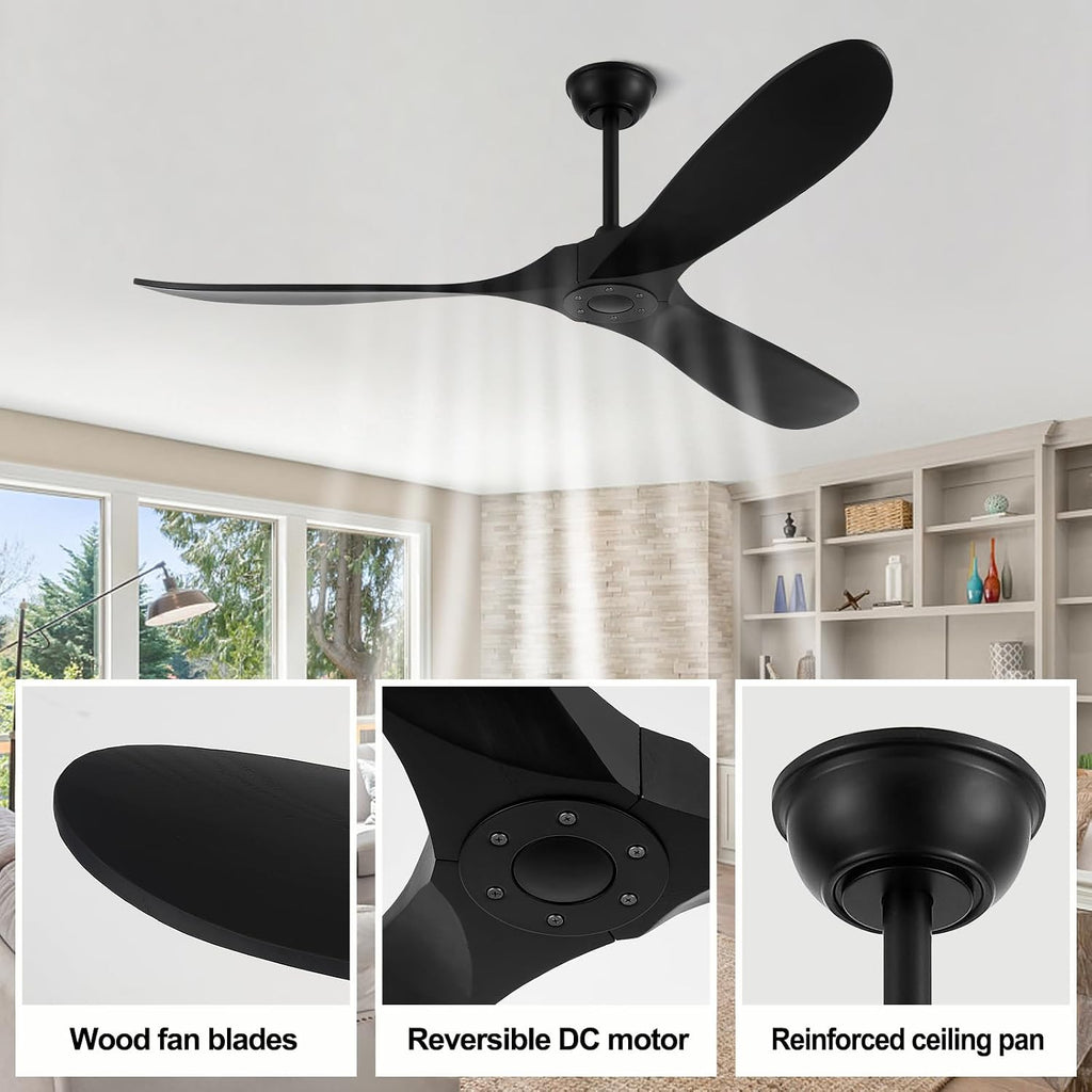 60'' Outdoor Ceiling Fan without Light,Large Airflow with 3 Solid Wood Blades,Black Ceiling Fan with DC Reversible and Silent Motor for Porch,Living Room,Garage.