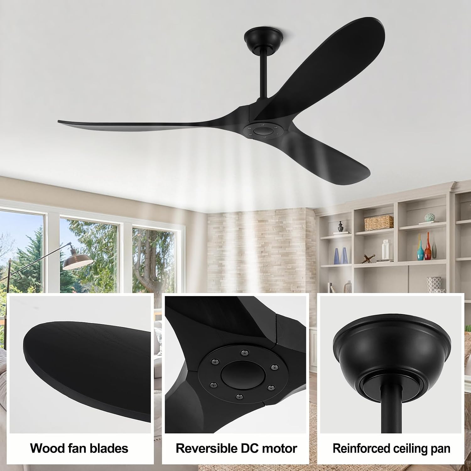 60'' Outdoor Ceiling Fan without Light,Large Airflow with 3 Solid Wood Blades,Black Ceiling Fan with DC Reversible and Silent Motor for Porch,Living Room,Garage.