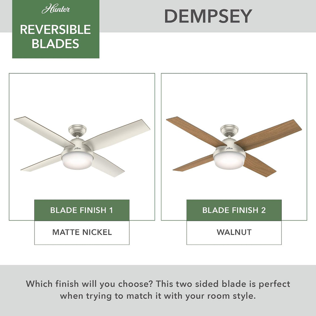 Hunter 52 inch Outdoor or Indoor Ceiling Fan with LED Light and Remote Control - Modern Ceiling Fan, Standard Mount, 4 Blades, For Patio, Porch, Garage, or Living Room - Dempsey 59450, Matte Nickel