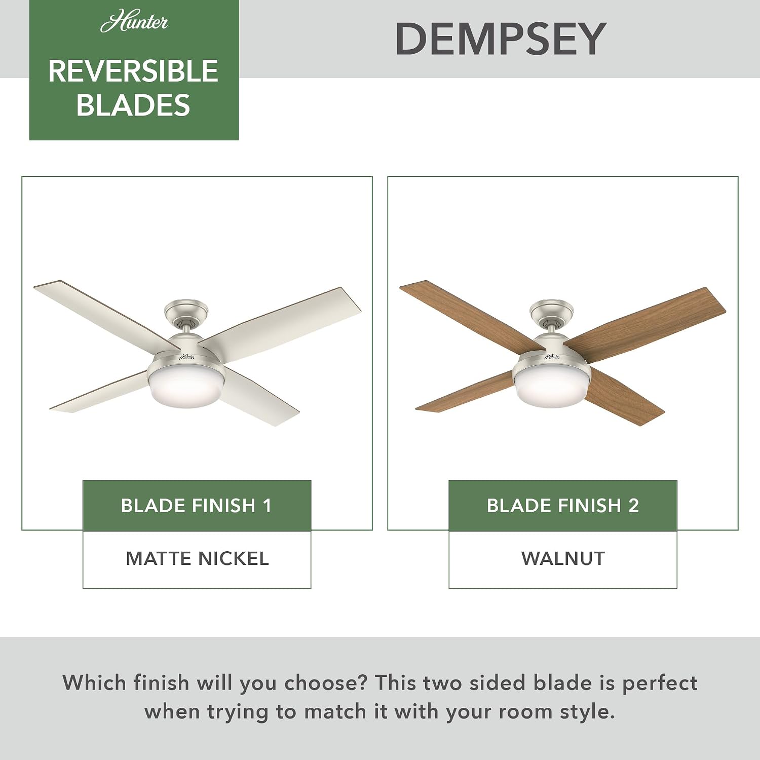 Hunter 52 inch Outdoor or Indoor Ceiling Fan with LED Light and Remote Control - Modern Ceiling Fan, Standard Mount, 4 Blades, For Patio, Porch, Garage, or Living Room - Dempsey 59450, Matte Nickel