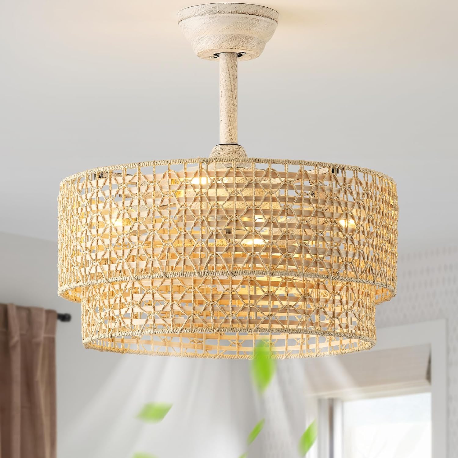 20' Boho Fandelier Ceiling Fans with Lights, Rattan Chandelier Ceiling Fan with Light Remote Control, Caged with 6 Speeds for Nursery, Living Room, Bedroom