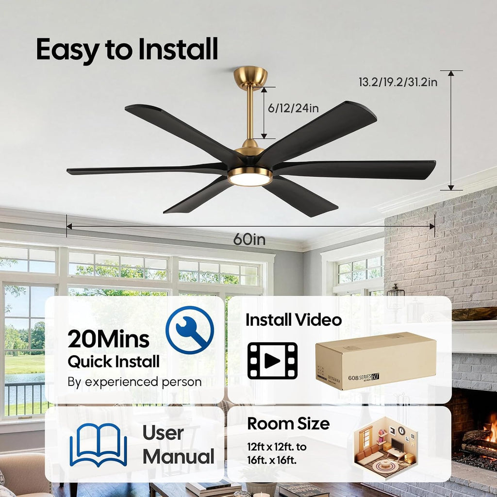 60 Inch Outdoor Ceiling Fan with Lights, Black Gold Smart Fan with Remote Alexa Control, 6 Solid Wood Blades, High CFM Quiet DC Motor, Damp Rated for Patios, Indoor Living Rooms, Gazebo