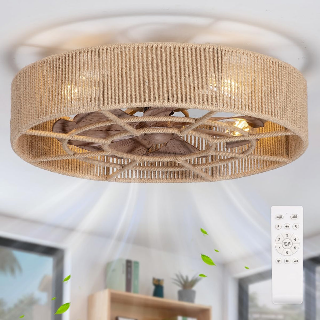 SHLUCE 22' Rattan Boho Caged Ceiling Fan with Light, Flush Mount Low Profile Ceiling Fan with Light, Rustic Large Bladeless Ceiling Fans with Lights and Remote for Bedroom, Living Room, Kitchen - ETL
