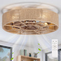 SHLUCE 22' Rattan Boho Caged Ceiling Fan with Light, Flush Mount Low Profile Ceiling Fan with Light, Rustic Large Bladeless Ceiling Fans with Lights and Remote for Bedroom, Living Room, Kitchen - ETL