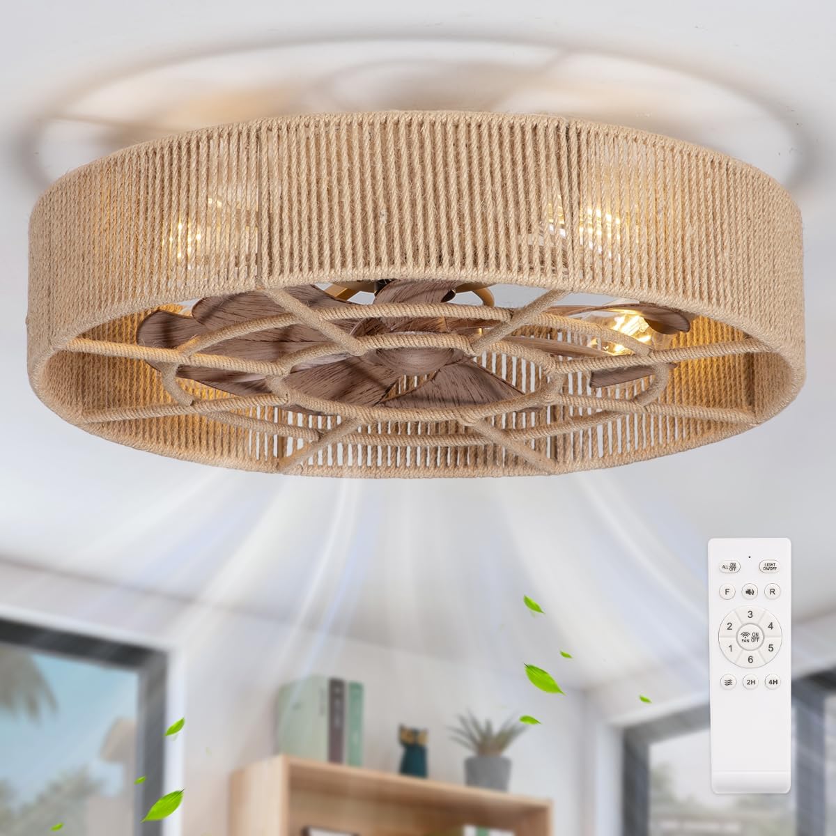 SHLUCE 22' Rattan Boho Caged Ceiling Fan with Light, Flush Mount Low Profile Ceiling Fan with Light, Rustic Large Bladeless Ceiling Fans with Lights and Remote for Bedroom, Living Room, Kitchen - ETL