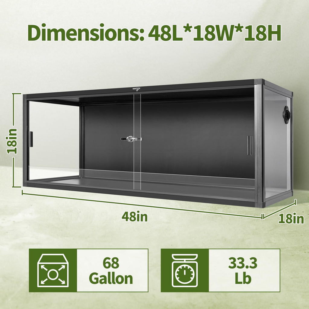 Wacool Terra 68 Gallon Reptile Tank, Large Terrarium for Bearded Dragons, Snakes, Leopard Geckos, Sliding Door & Top Ventilation, 48' x 18' x 18' Easy-to-Maintain Reptile Enclosure