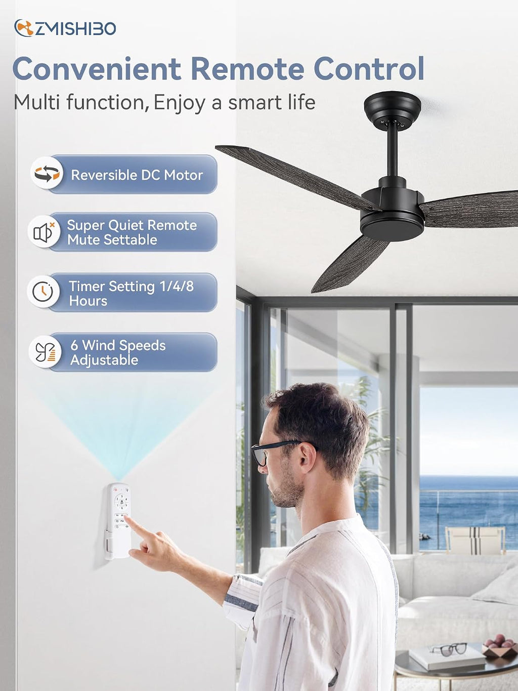 ZMISHIBO 2 Pack 42 Inch Outdoor Ceiling Fans with Remote, Black Ceiling Fan No light with Quiet Reversible DC Motor, 6 Speeds, 3 Blade Modern Ceiling Fans for Patio Living Room Bedroom Indoor