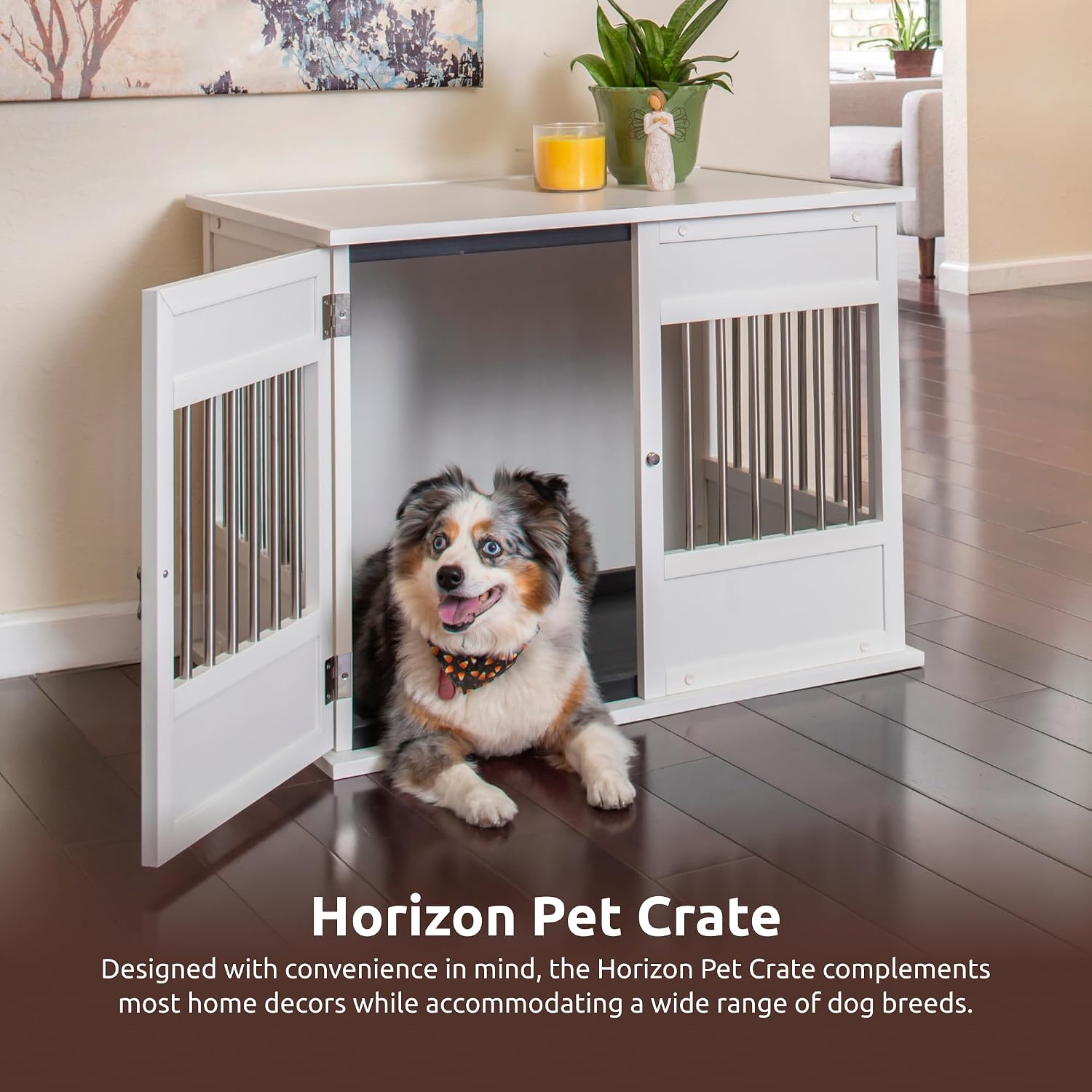 New Age Pet ECOFLEX Horizon Dog Crate & End Table, Modern Slatted Indoor Dog Kennel for Medium, Large & XL Dogs, Durable Composite, Antique White, Medium