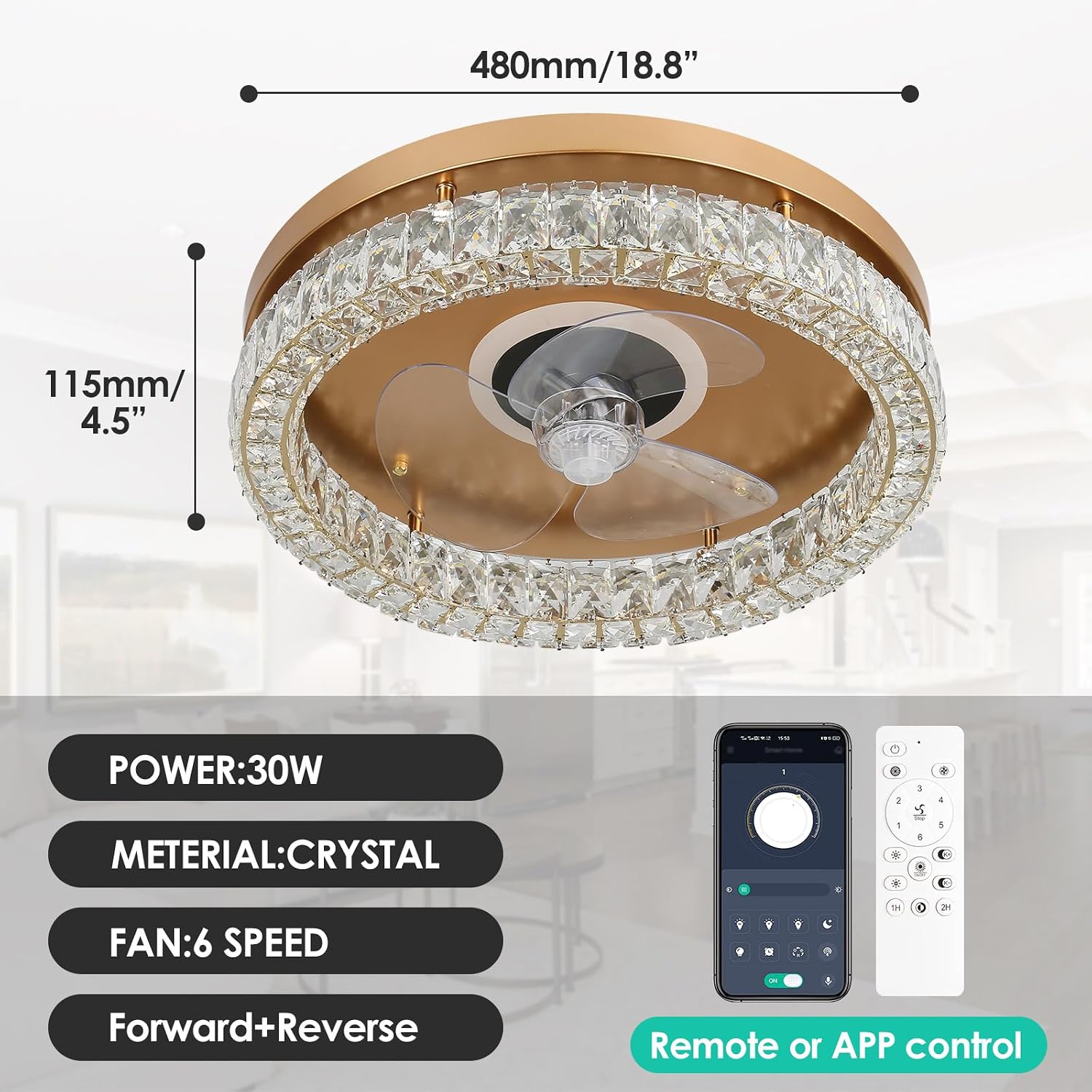 CLAIRDAI Crystal Ceiling Fans with Lights Flush Mount Ceiling Fan with Remotel Control Dimmable LED Low Profile Ceiling Fan 6 Speeds Reversible Blades Timing with Remote Control Gold