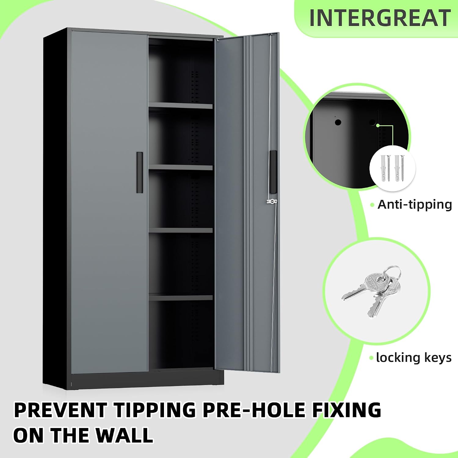 INTERGREAT Storage Cabinet with Doors and Shelves, Metal Garage Storage Cabinets with Lock, Black Lockable Steel Supply Cabinet for Home Office, Warehouse (Black Grey)
