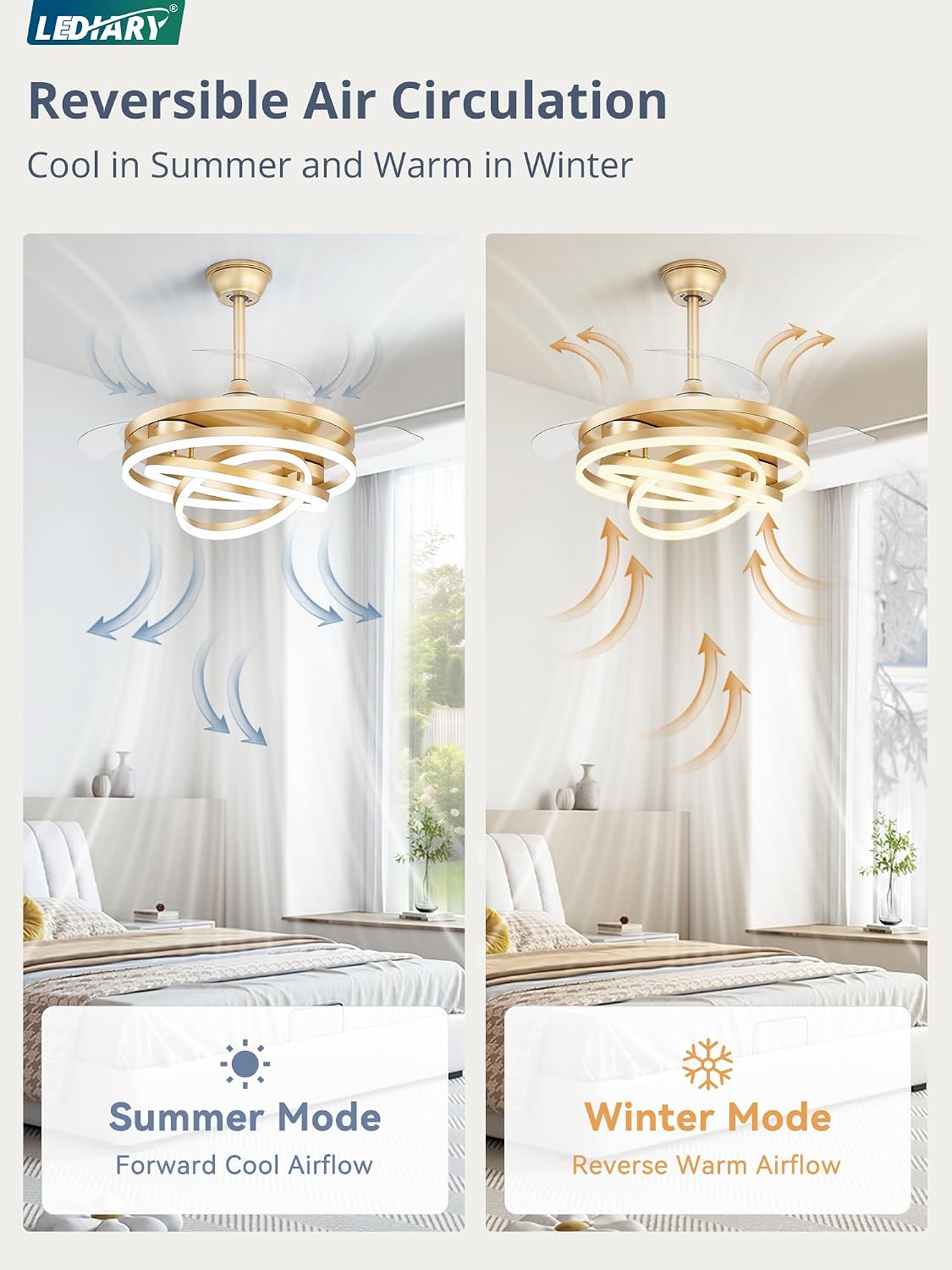 LEDIARY 42 Inch Retractable Ceiling Fan with Lights, Fandelier Ceiling Fan with 6 Speeds,3000K-6000K Adjustable,and DC Motor,Chandelier Ceiling Fans with Lights and Remote for Bedroom Living Room,Gold
