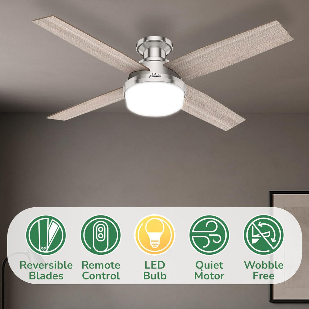 Hunter 52 inch Indoor Ceiling Fan with LED Light and Remote Control- Modern Ceiling Fan, Low Profile Mount, 4 Light Gray Oak Blades, For Bedroom, Living Room, or Kitchen- Dempsey 50283, Brushed Nickel