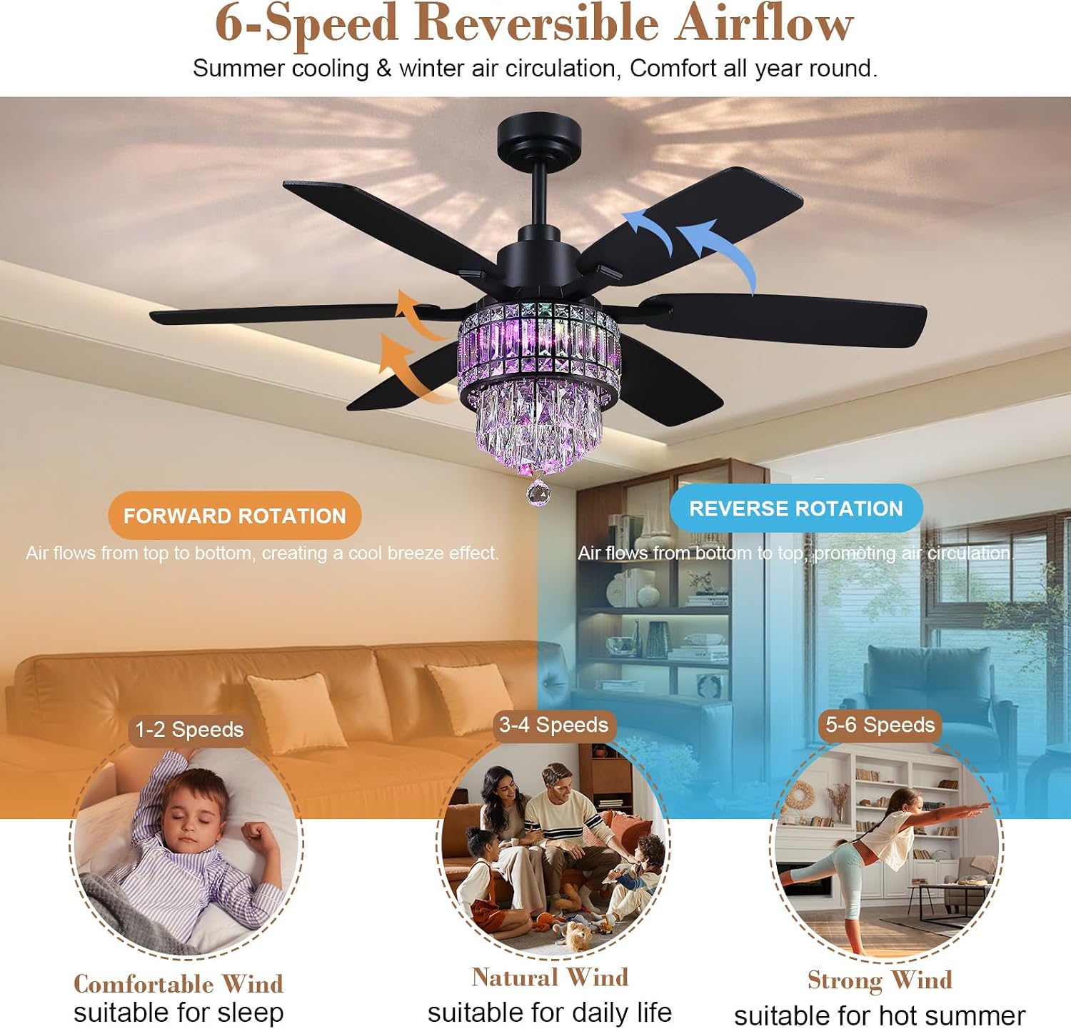 Kviflon 52 Inch Crystal Ceiling Fan with RGB Lights, Black Fandelier Ceiling Fan with Light and Remote/APP Control, Modern Chandelier Ceiling Fan for Bedroom Living Room, Quiet DC Motor, Dimmable LED