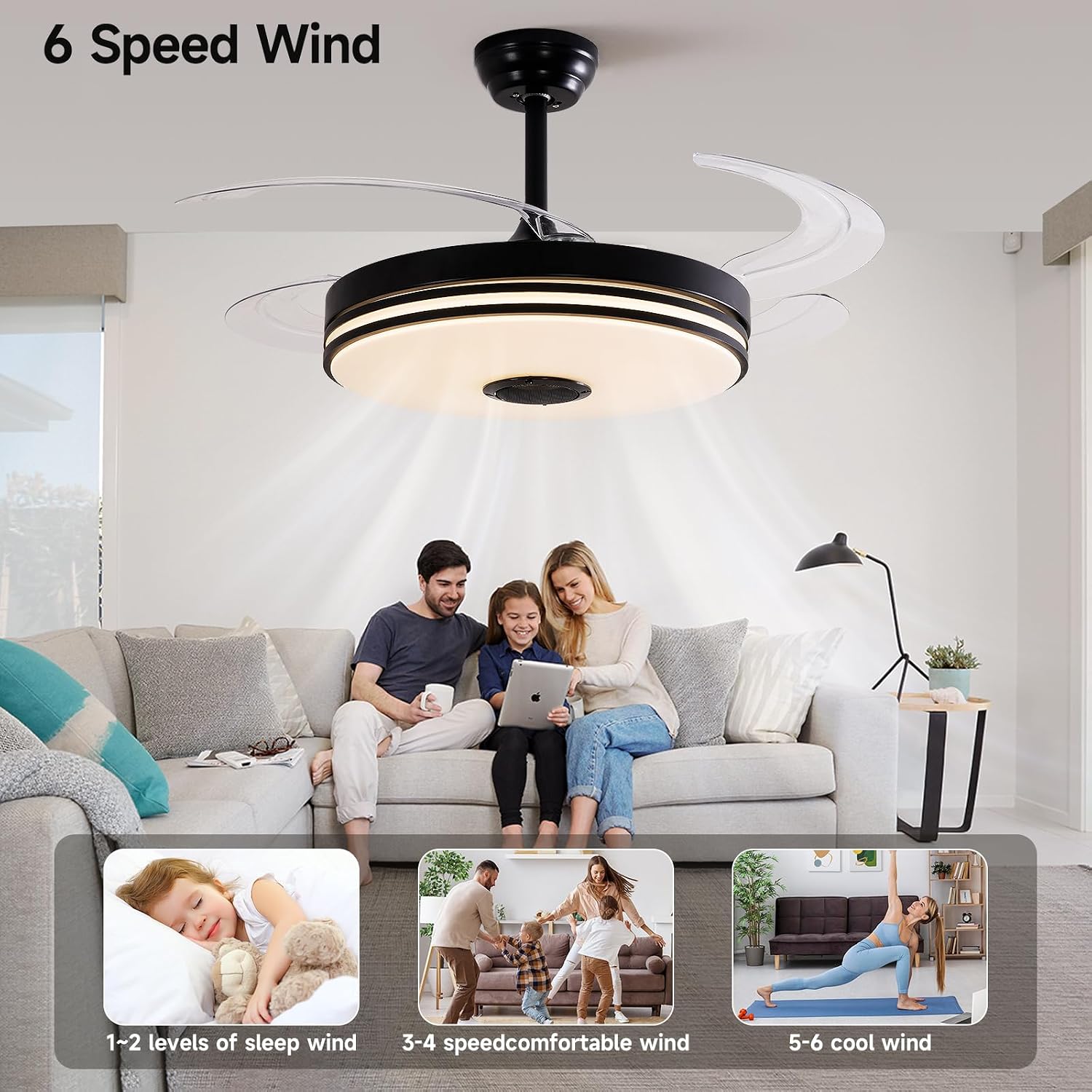 48 Inch Retractable Ceiling Fans with Lights, RGB Ceiling Fan with Remote Control,Speaker, Dimmable, 6 Speed Reversible Smart Ceiling Fans for Living Room Bedroom