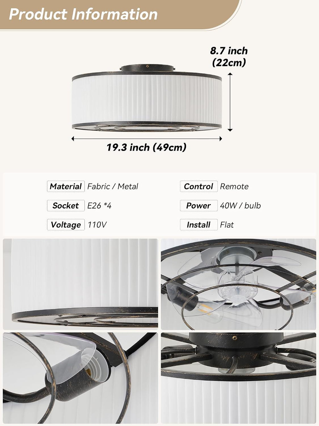 Boho Ceiling Fan with Light Flush Mount, 20' Black Caged Ceiling Fan with Lights Remote Control, Bladeless Ceiling Fan 6 Speeds for Bedroom, Living Room, Nursery