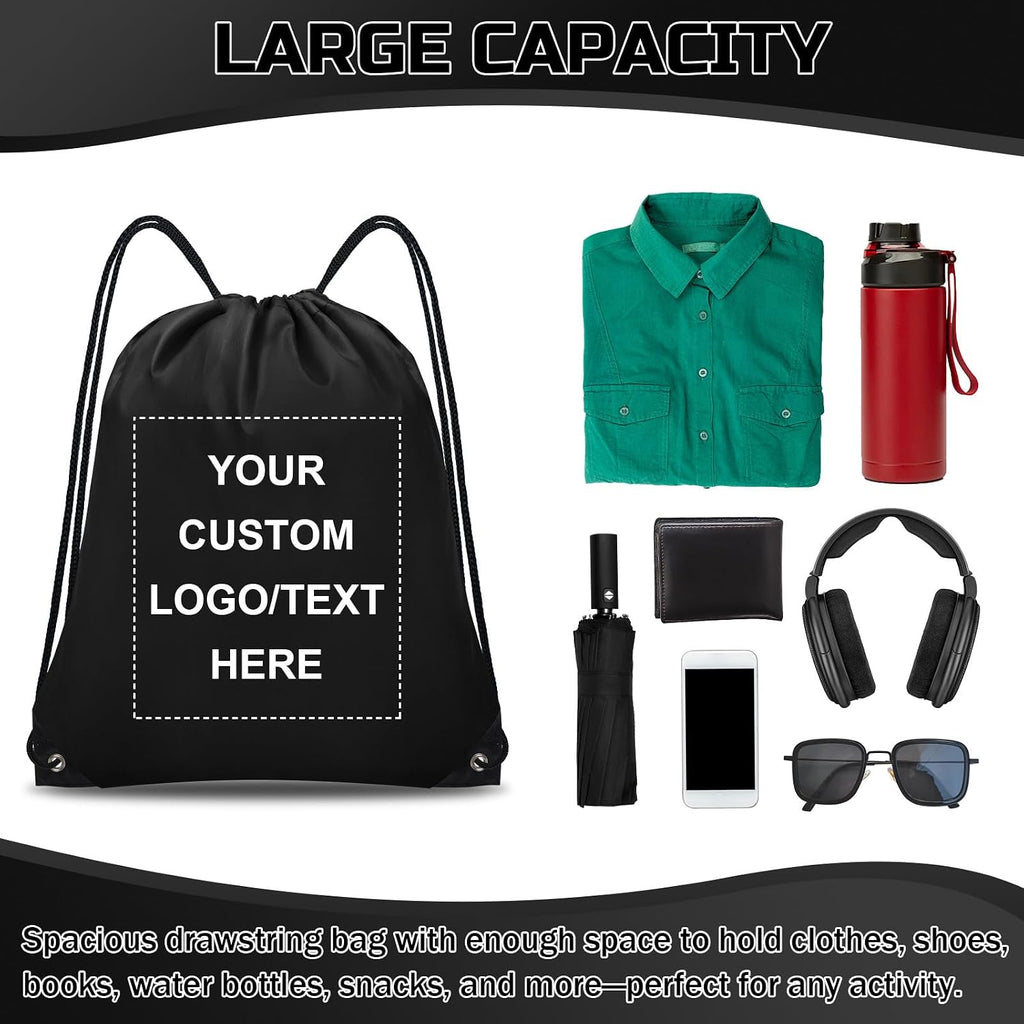 Grneric Custom Drawstring Bags Bulk 10/20/50/100/200 Pack, Promotional Items With Your Logo Personalized String Backpack for Gym, Sport, Travel, Black