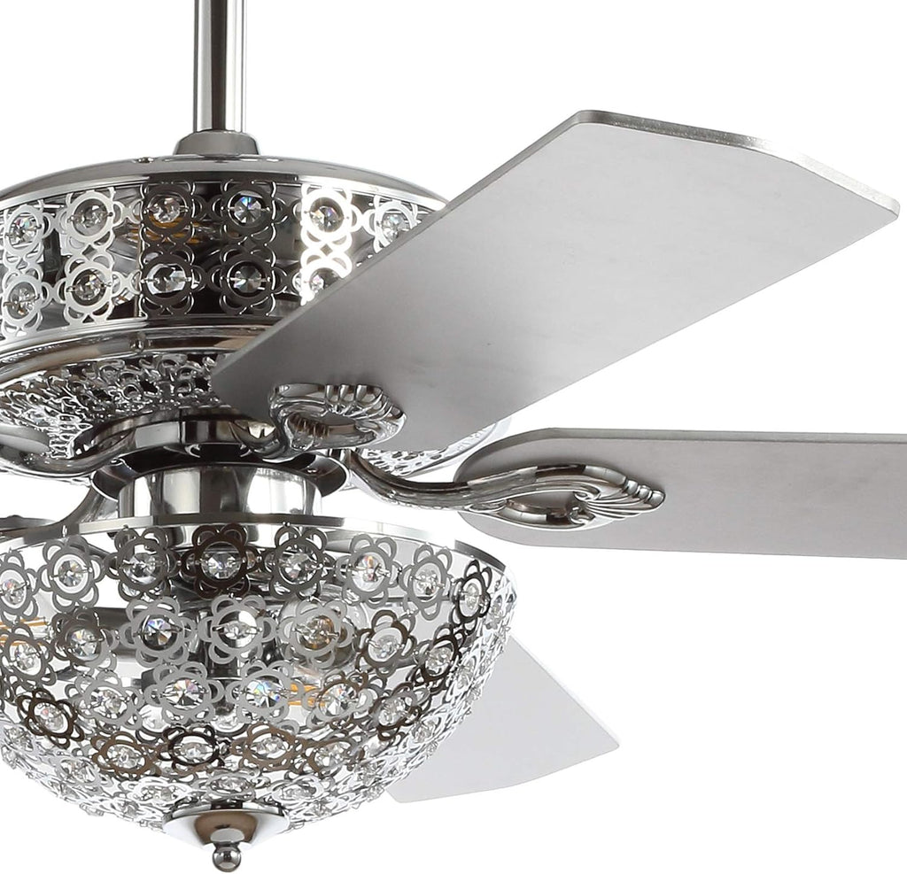 JONATHAN Y 52' Chrome 6-Light Iron and Wood Ceiling Fan, Modern Glam Filigree Dome, 5 Reversible Silver/White Blades, Remote Control, ETL Listed, LED Bulbs Included JYL9602A
