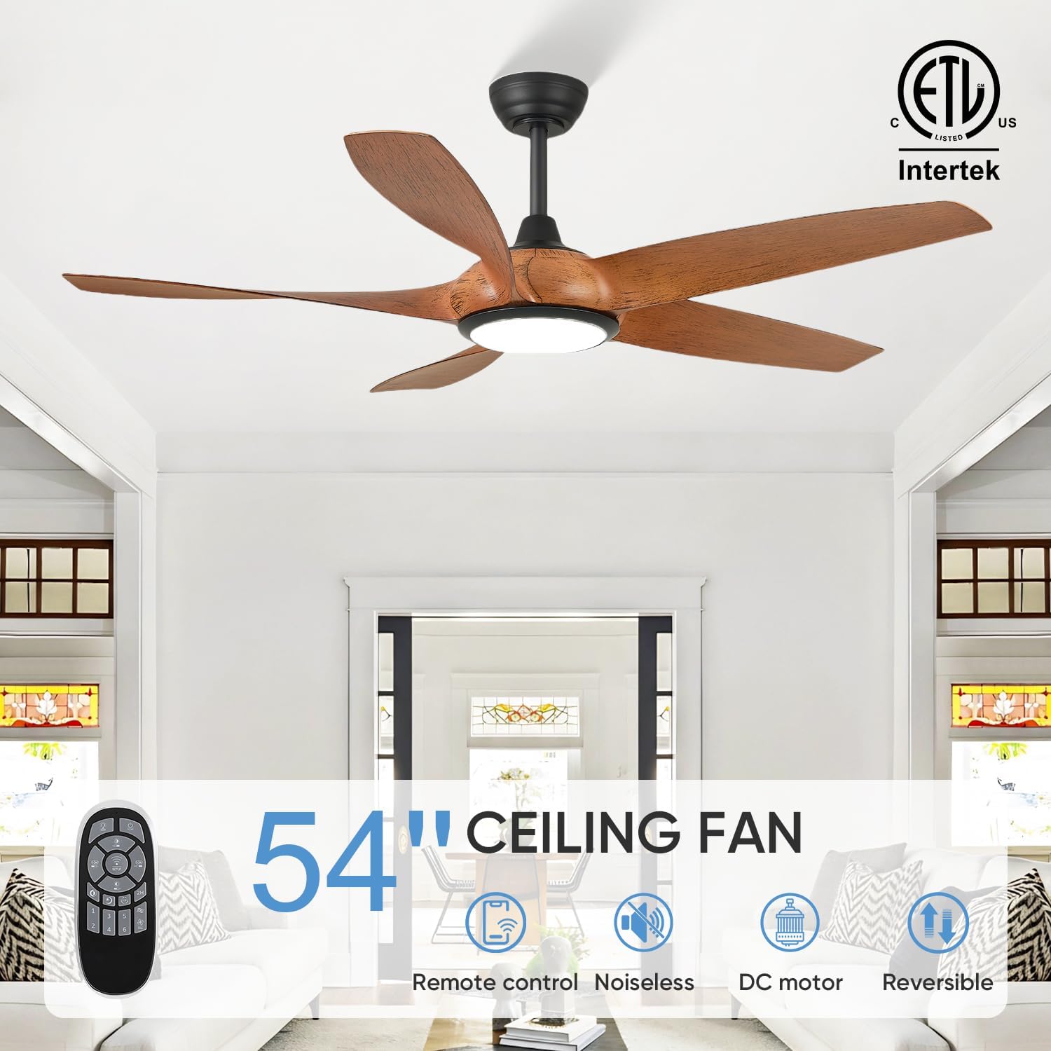 54'' Ceiling Fans with Lights, Indoor/Outdoor Modern Ceiling Fan with Remote, 5 ABS Blades, Reversible DC Motor, 6 Speeds, 3 Color Lights, ETL Listed, for Bedroom Living Room (Walnut)