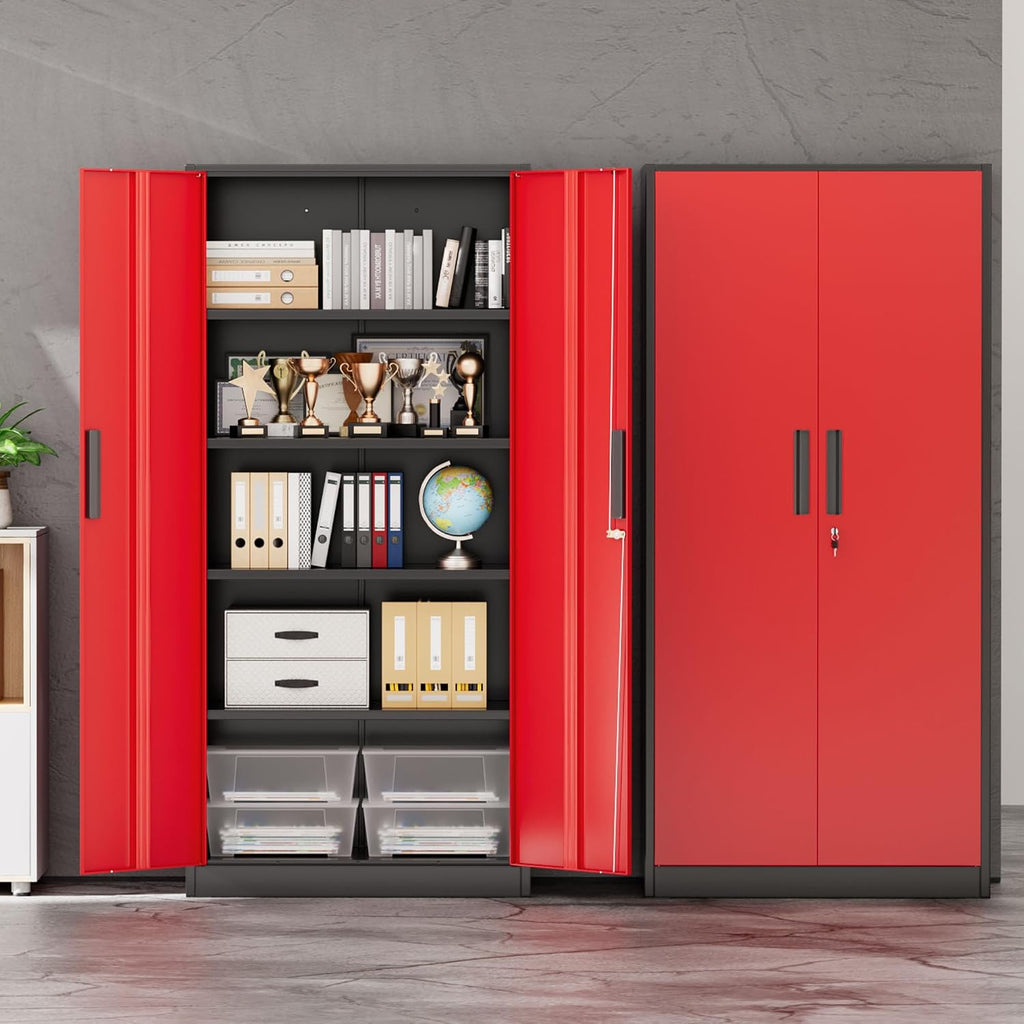 INTERGREAT Storage Cabinet with Doors and Shelves, Metal Garage Storage Cabinets with Lock, Black Lockable Steel Supply Cabinet for Home Office, Warehouse (Black Red)