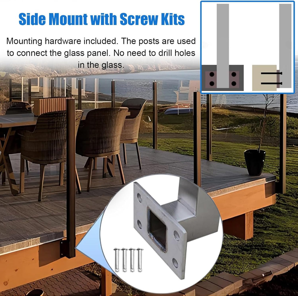 Commercial Glass Railing Columns Side Mount, Black Black Matte Finish Balcony Glass Fence Clamp Bracket with 15mm Inner Slots, for 3/8-1/2 In Glass/Wood/Plastics Panel(Black-Middle Post,Height - 48in)