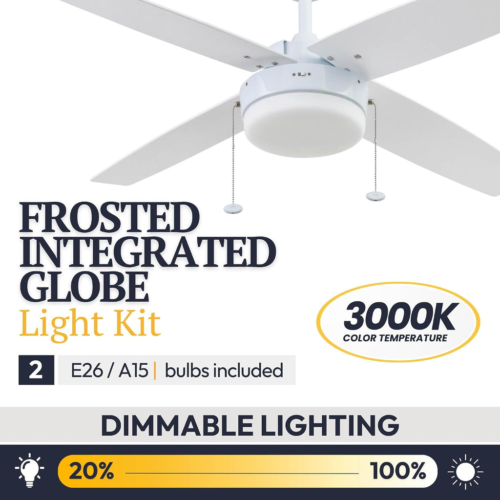 Prominence Home Memphis, 52 Inch Contemporary Indoor LED Ceiling Fan with Light, Pull Chain, Dual Mounting Options, 4 Dual Finish Blades, Reversible Motor - 51651-01 (Bright White)