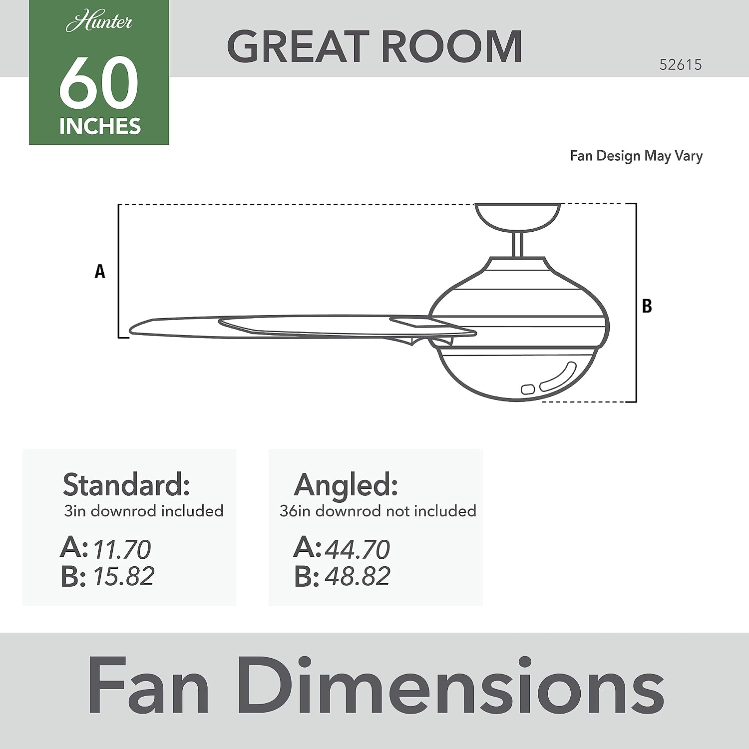 Hunter 60 inch Outdoor or Indoor Ceiling Fan with LED Light - Black Ceiling Fan with Wall Control, For Patio, Garage, or Porch, Quiet, Standard Mount, 10 Blades - Overton 52615, Matte Black