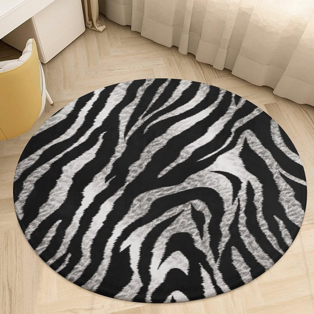 Black and White Zebra Print Coral Velvet Round Floor Mat Non-Slip Bath Rug Floor Covering for Bathroom Vanity Guest Suite & Vacation Home