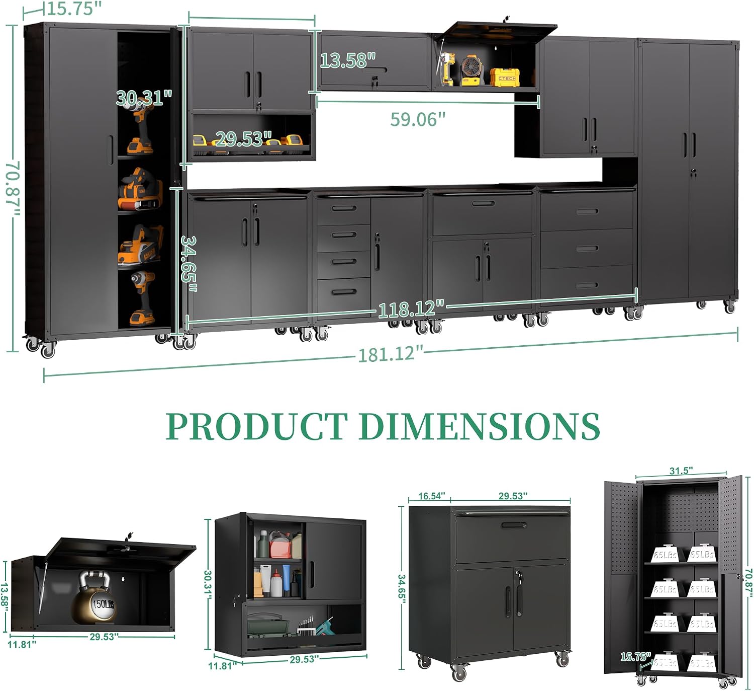 10-Piece Heavy Duty Steel Garage Cabinet System | All-in-One Modular Garage Cabinet Set for Ultimate Workshop Organization | Easy Assembly Garage Storage Cabinets & Tool Bench (Black)
