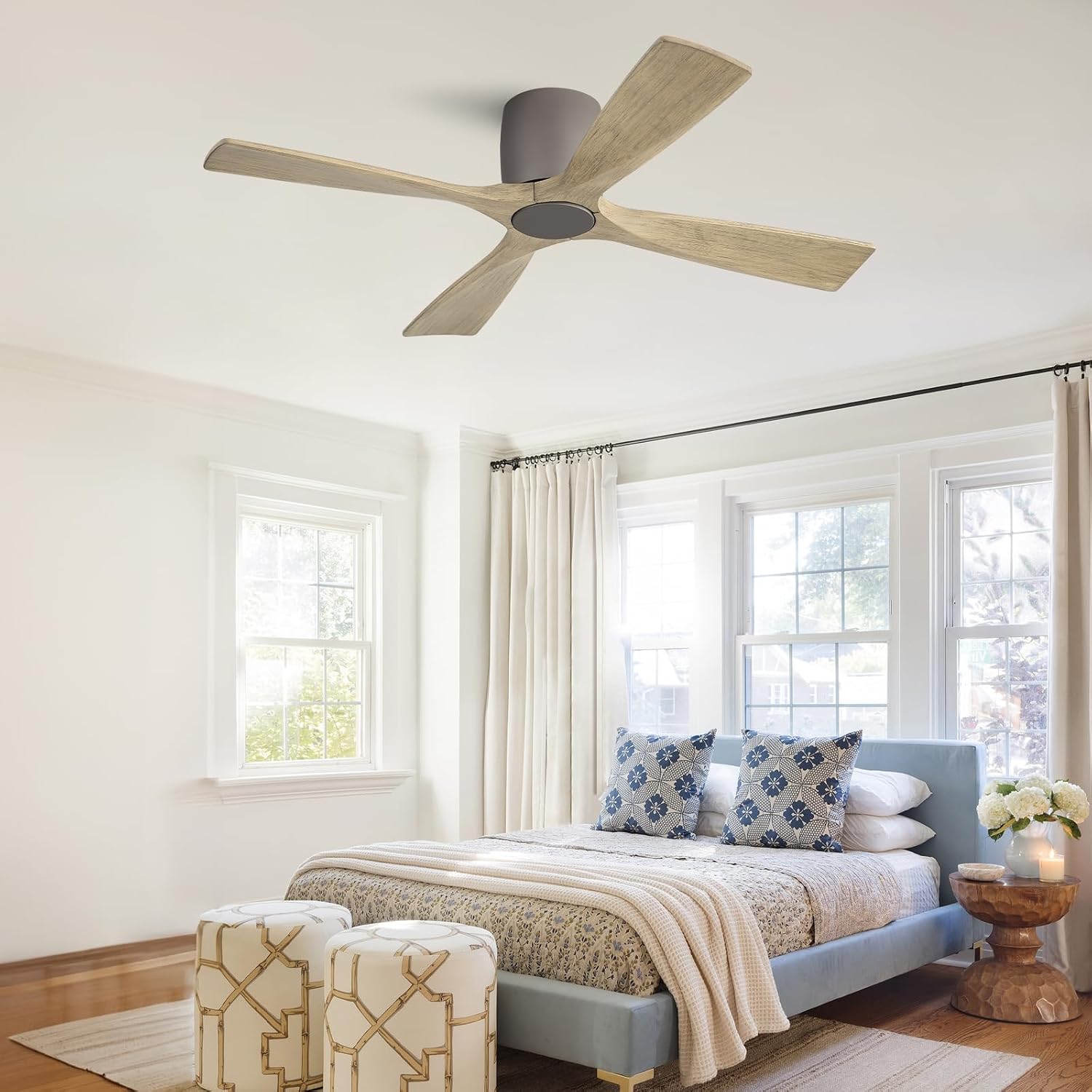 WINGBO 48 Inch Ceiling Fan Without Light, Solid Wood Flush Mount Ceiling Fan with Remote Control, Reversible Quiet DC Motor, 4 Blades,6-Speed, for Bedroom & Living Room, Graphite Finish +Gray Blade