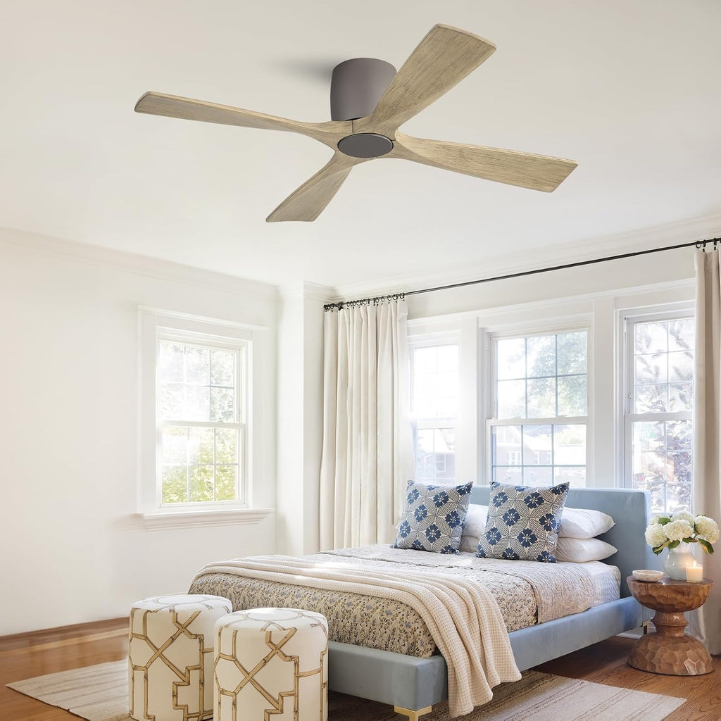 WINGBO 54 Inch Ceiling Fan Without Light, Solid Wood Flush Mount Ceiling Fan with Remote Control, Reversible Quiet DC Motor, 4 Blades,6-Speed, for Bedroom & Living Room, Graphite Finish +Gray Blade