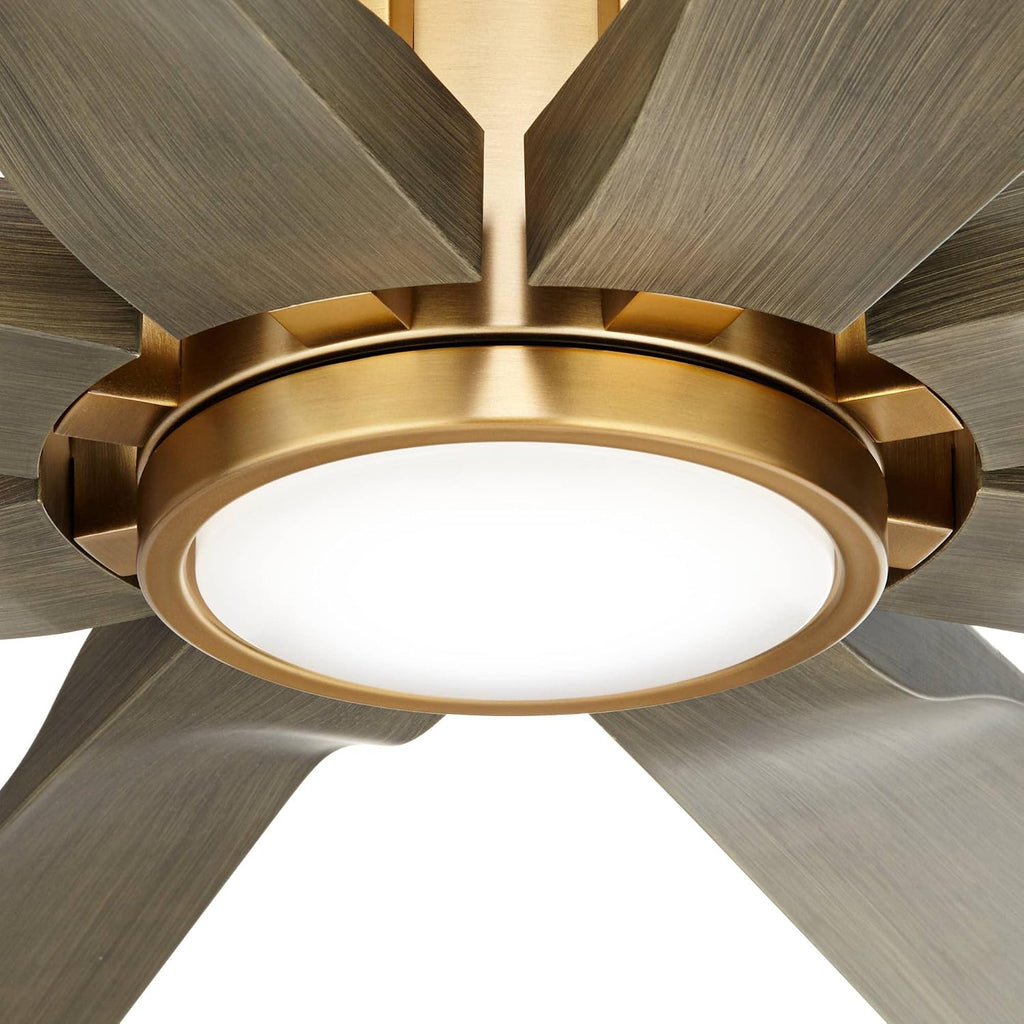 Possini Euro Design 60' Defender Modern Outdoor Ceiling Fan with Dimmable LED Light Remote Control Soft Brass Weathered Oak Blades Damp Rated for Patio Exterior House Porch Gazebo Garage Barn