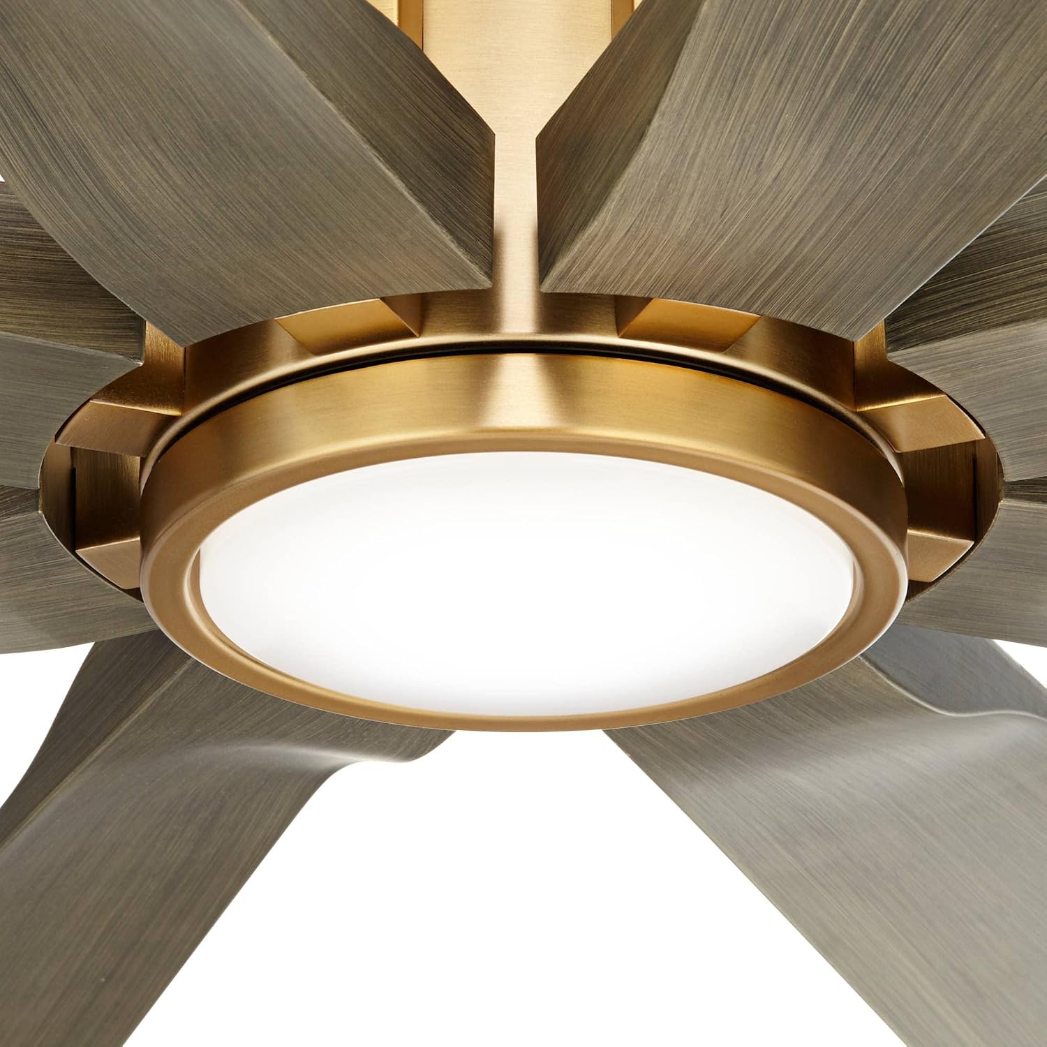 Possini Euro Design 60' Defender Modern Outdoor Ceiling Fan with Dimmable LED Light Remote Control Soft Brass Weathered Oak Blades Damp Rated for Patio Exterior House Porch Gazebo Garage Barn
